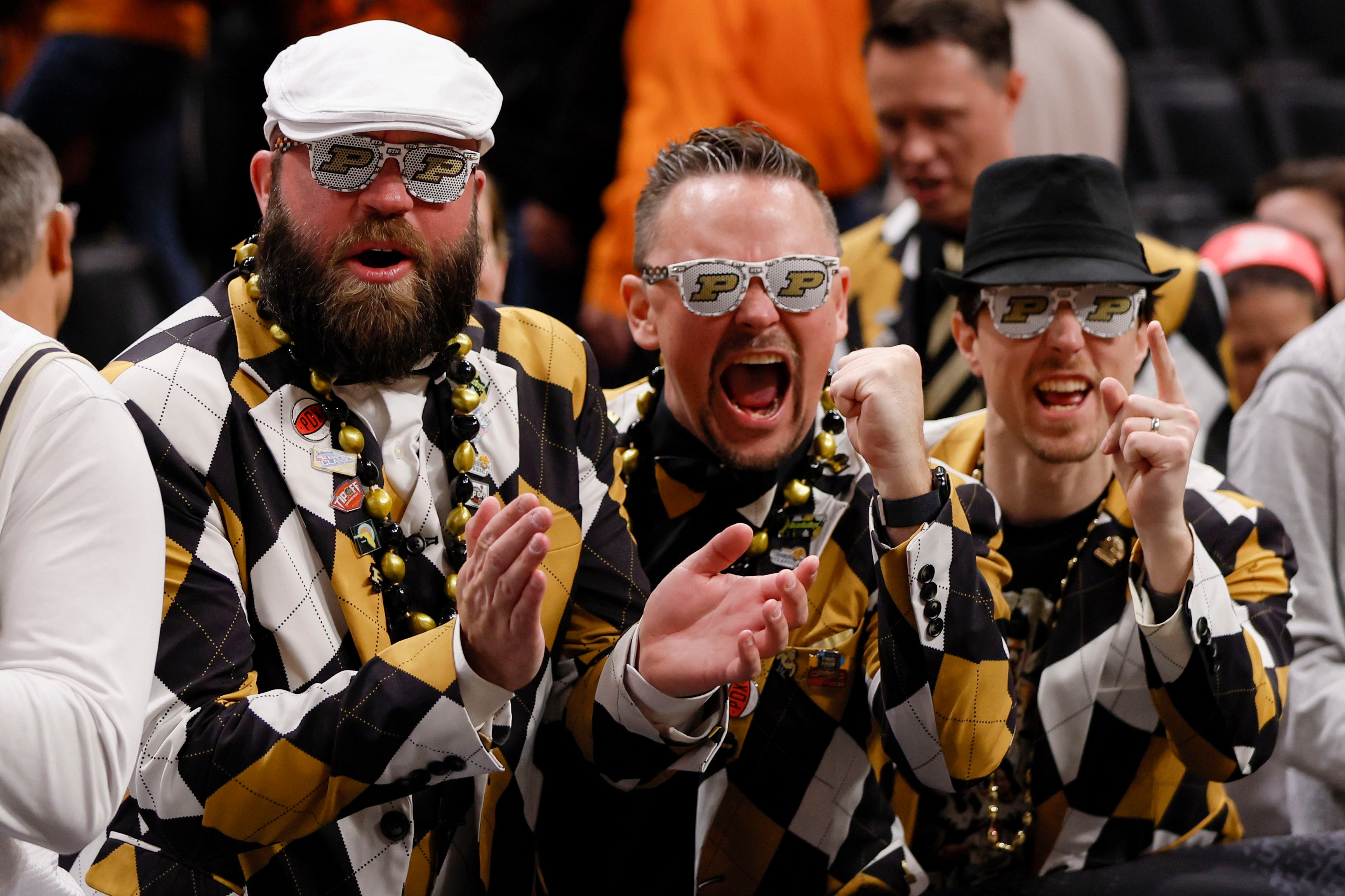 Purdue Boilermaker fans celebrate the win over the Tennessee Volunteers during the Elite Eight round of the 2024 NCAA Men's Basketball Tournament held at Little Caesars Arena on March 31, 2024 in Detroit, Michigan. (Photo by Jay LaPrete/NCAA Photos/NCAA Photos via Getty Images)