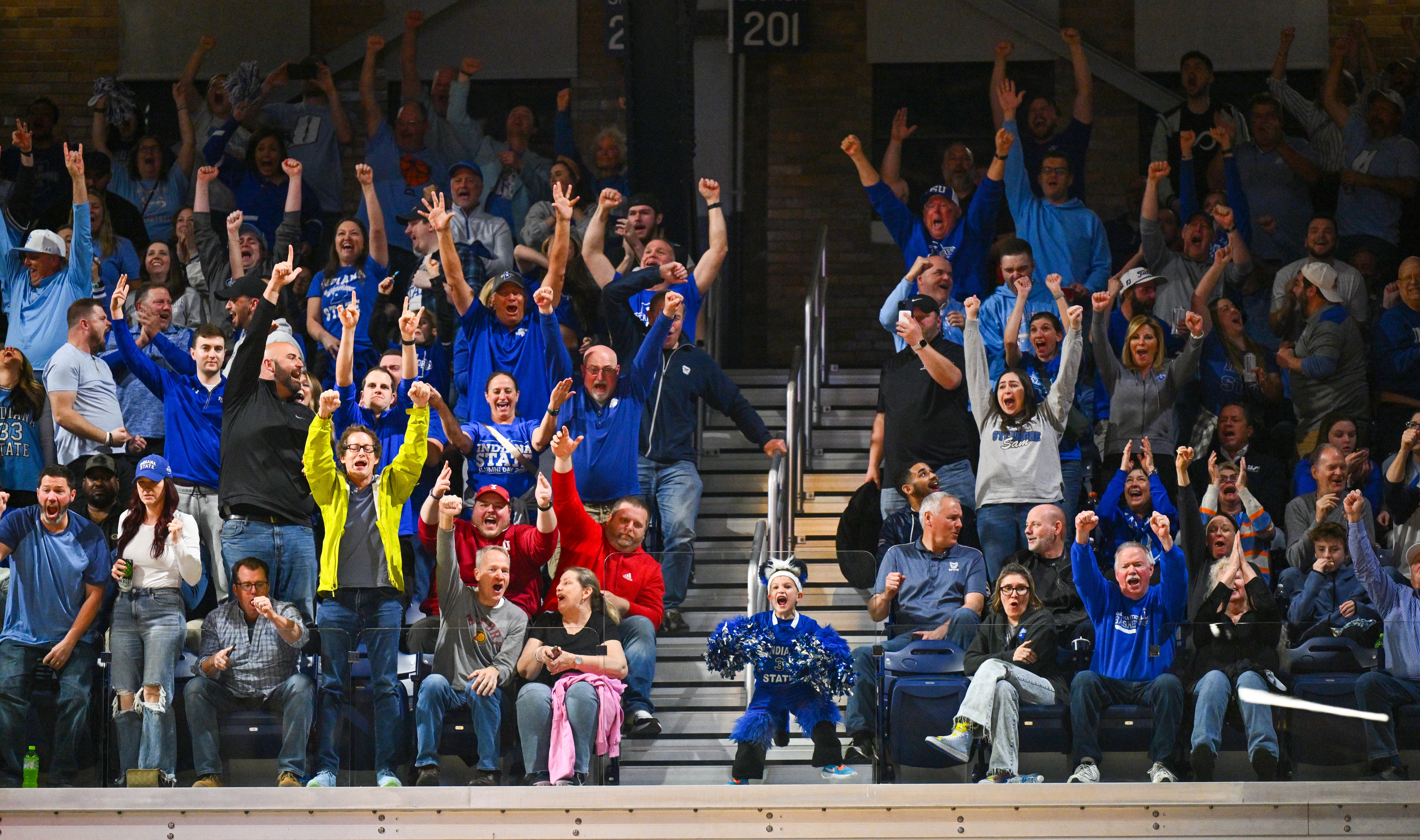 Indiana State Sycamores fans react toward the end of the second half of a NIT Semifinals game against the Utah Utes held at Hinkle Fieldhouse on April 2, 2024 in Indianapolis, Indiana. (Photo by Jamie Sabau/NCAA Photos via Getty Images)