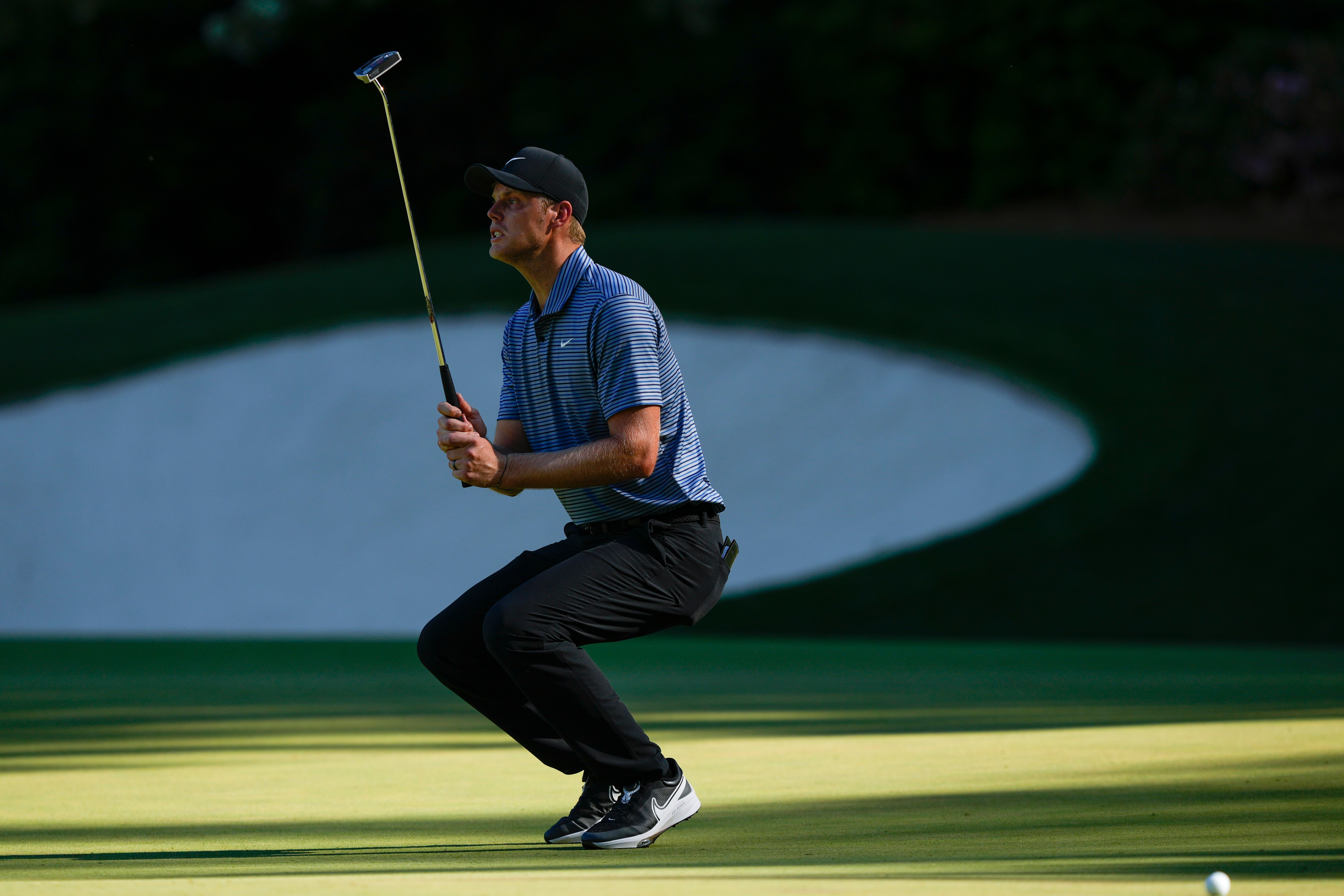 Cam Davis, of Australia, reacts after missing a putt on the 13th hole during final round at the Masters golf tournament at Augusta National Golf Club Sunday, April 14, 2024, in Augusta, Ga. (AP Photo/Matt Slocum)