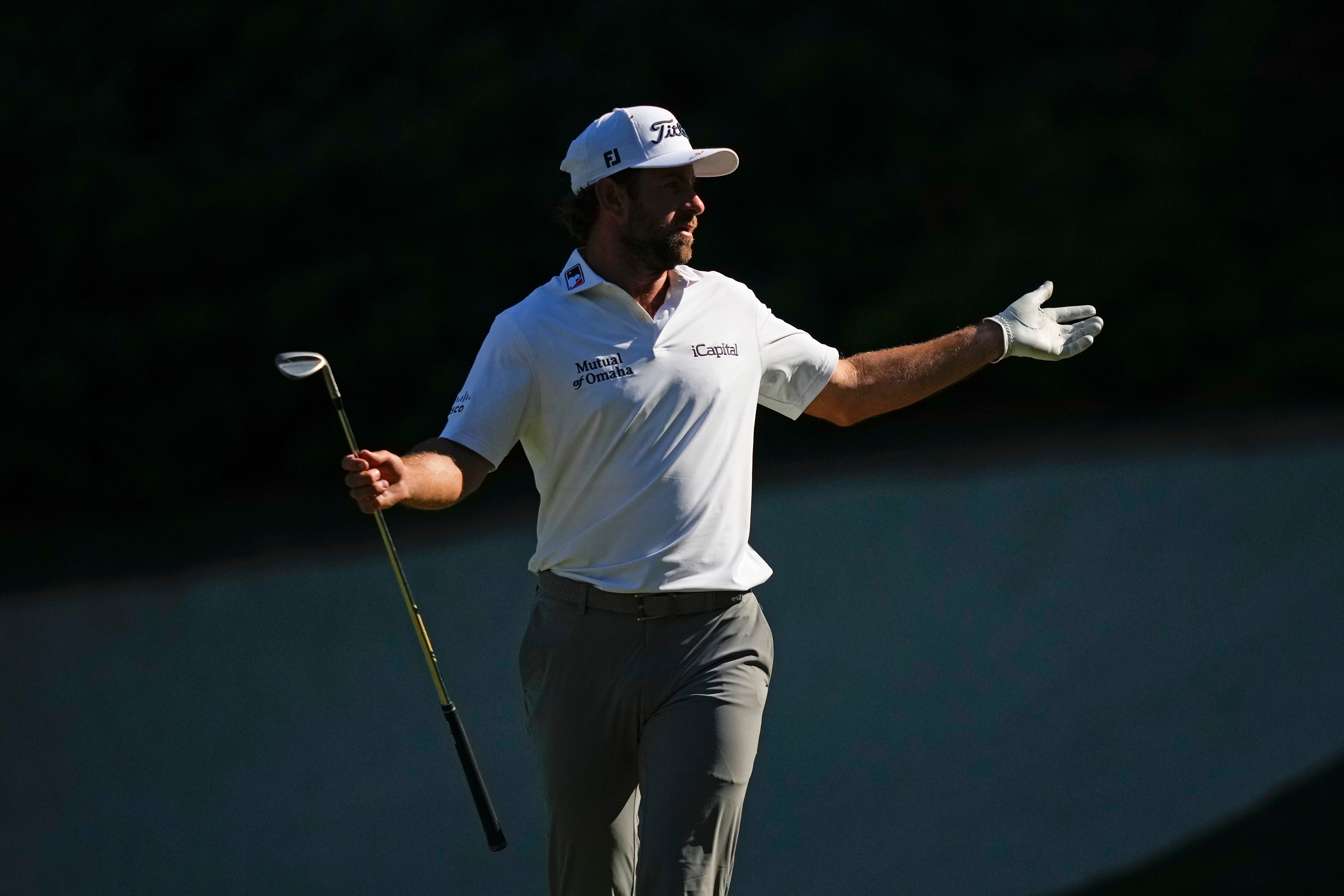 Cameron Young reacts to his chip on the 13th hole during final round at the Masters golf tournament at Augusta National Golf Club Sunday, April 14, 2024, in Augusta, Ga. (AP Photo/Matt Slocum)