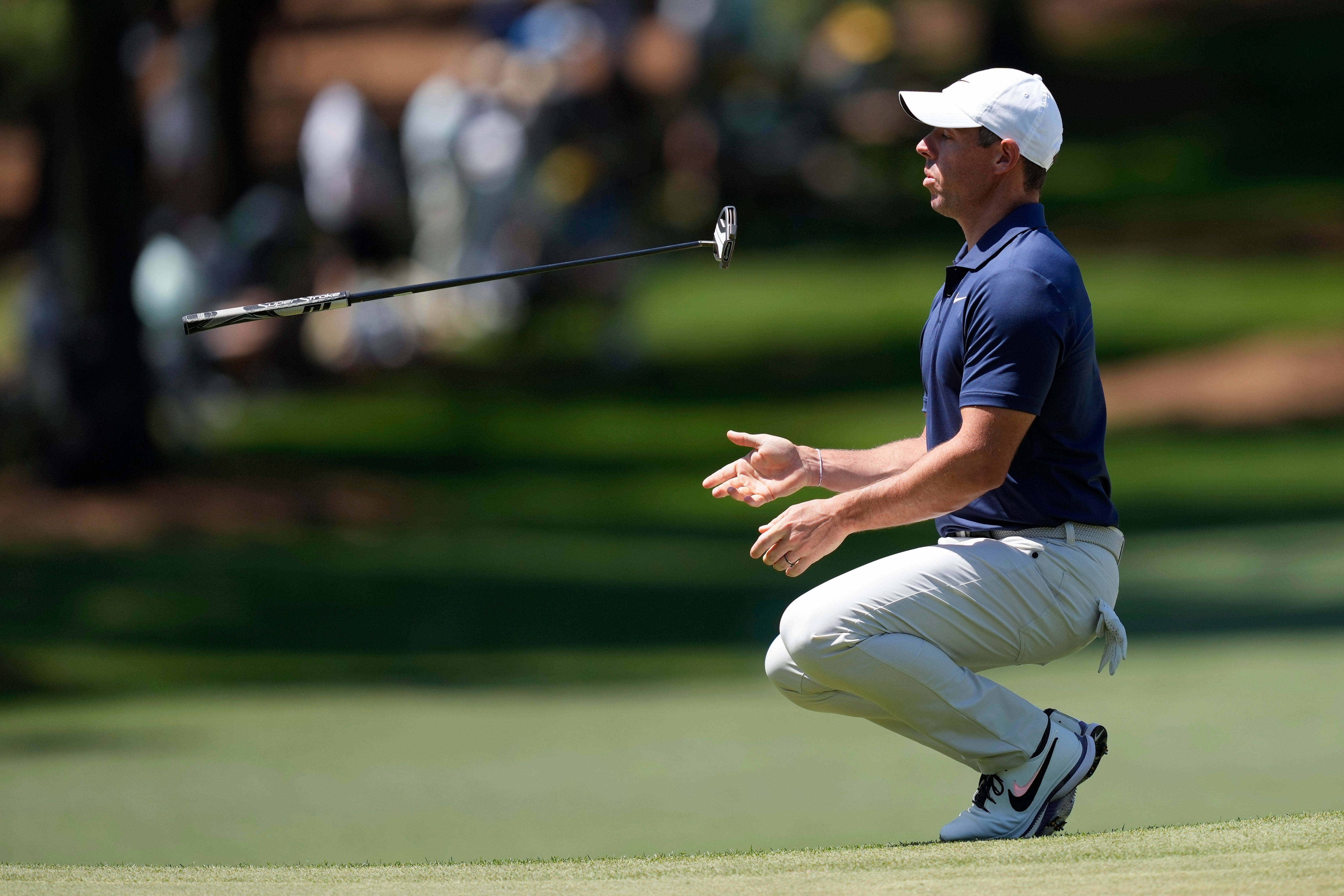 Rory McIlroy, of Northern Ireland, reacts after missing a putt on the seventh hole during final round at the Masters golf tournament at Augusta National Golf Club Sunday, April 14, 2024, in Augusta, Ga. (AP Photo/David J. Phillip)