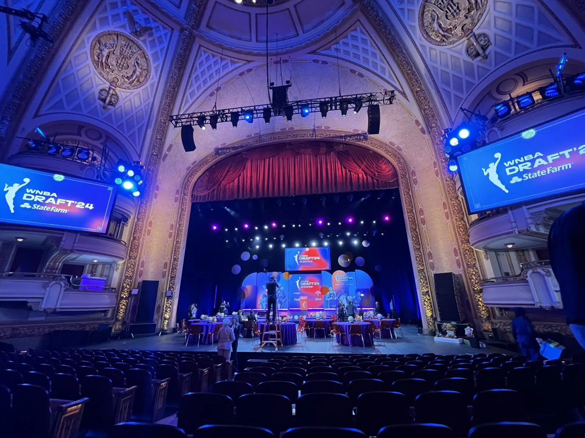 The stage is set before the first round of the WNBA Draft in New York City on Monday, April 15, 2024. (WISH Photo/Angela Moryan)