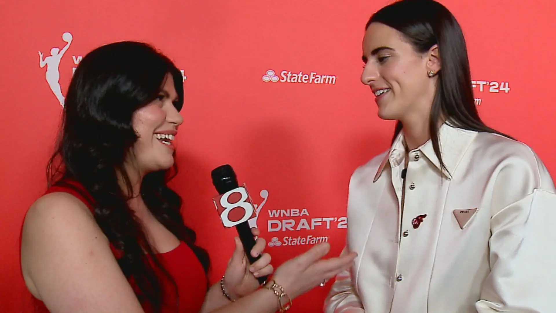 News 8's Angela Moryan (left) interviews Caitlin Clark, the No. 1 overall pick in the WNBA Draft, on Monday, April 15, 2024 in New York City. (WISH Photo/Angela Moryan)