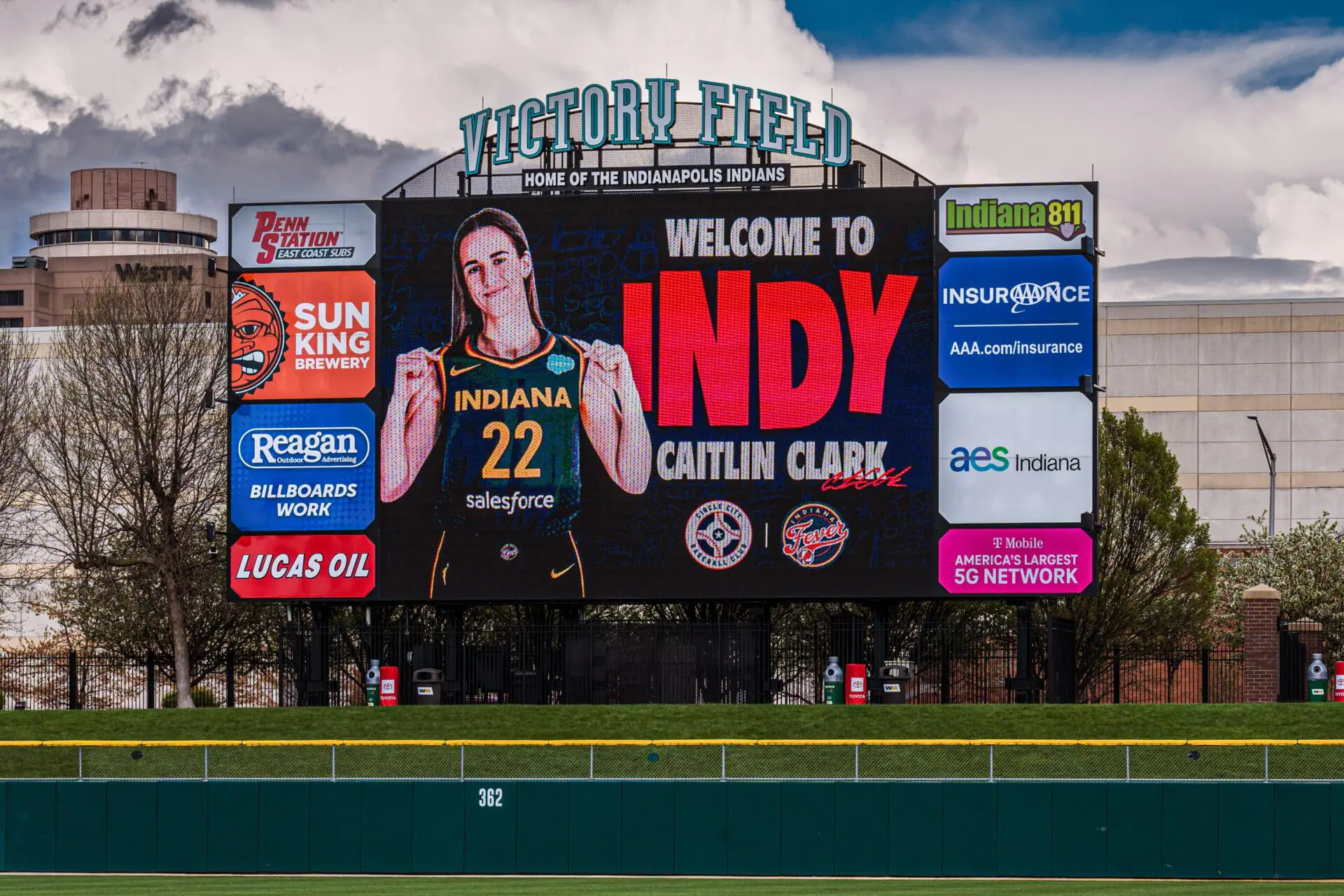 The Indianapolis Indians welcome Caitlin Clark to the Indiana Fever with a sign at Victory Field on April 15, 2024.