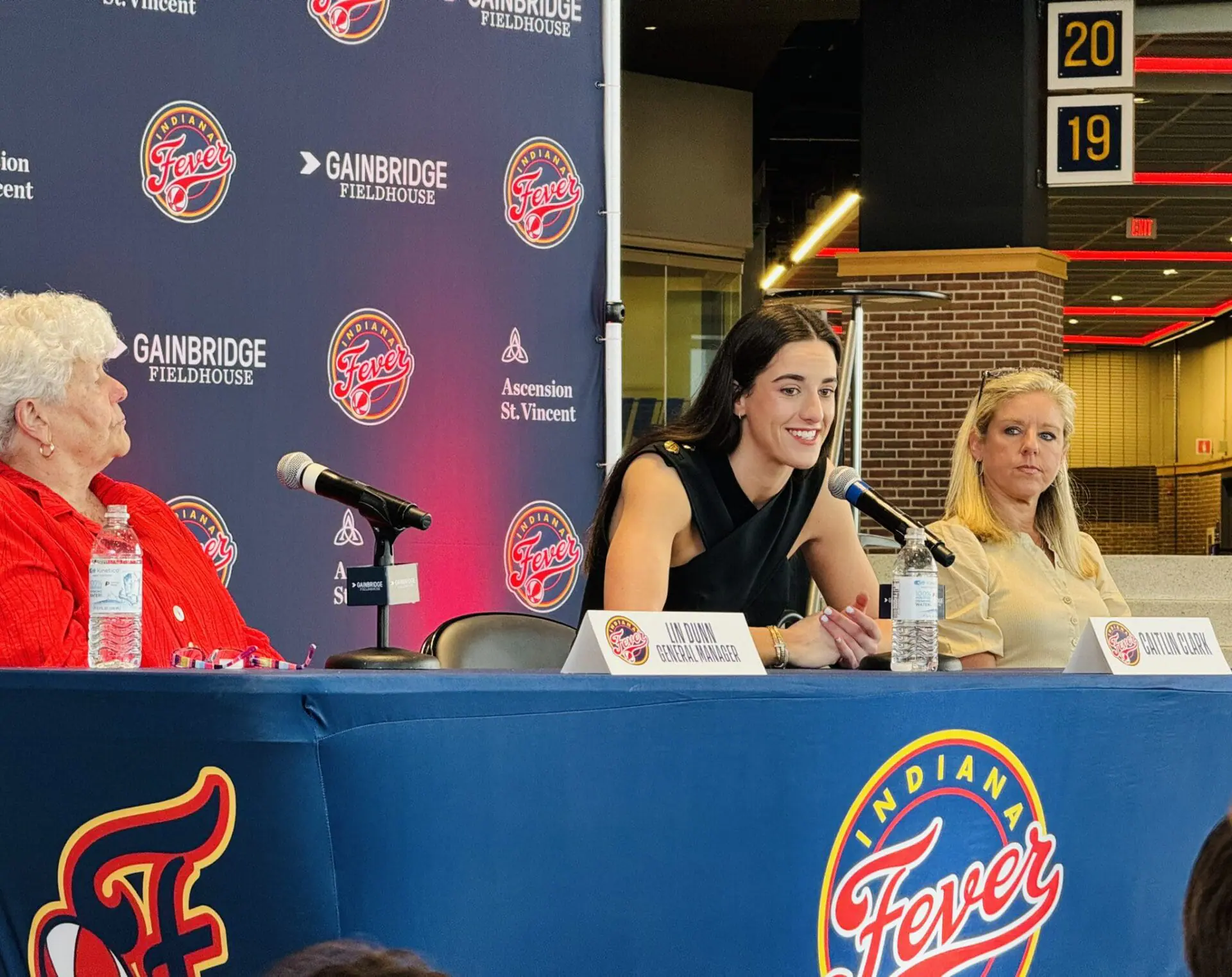 Caitlin Clark, who was selected with the No. 1 overall pick in Monday night's WNBA draft, speaks to the media at Gainbridge Fieldhouse in Indianapolis on April 17, 2024. (WISH Photo/Anthony Calhoun)