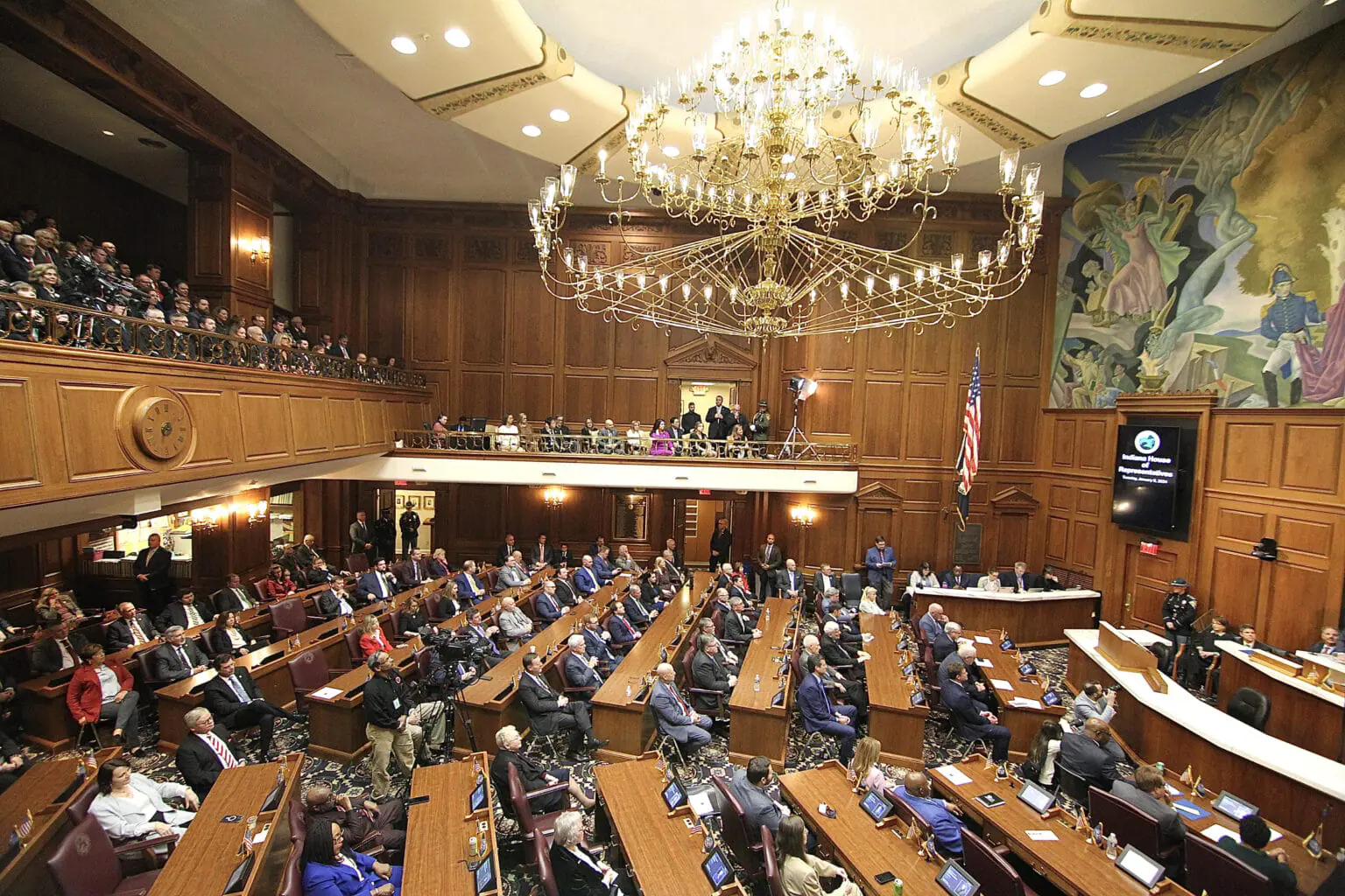 The Indiana General Assembly gathered to hear Gov. Eric Holcomb’s final State of the State Address Tuesday Jan. 9, 2024 in the House chamber. (Monroe Bush for the Indiana Capital Chronicle)