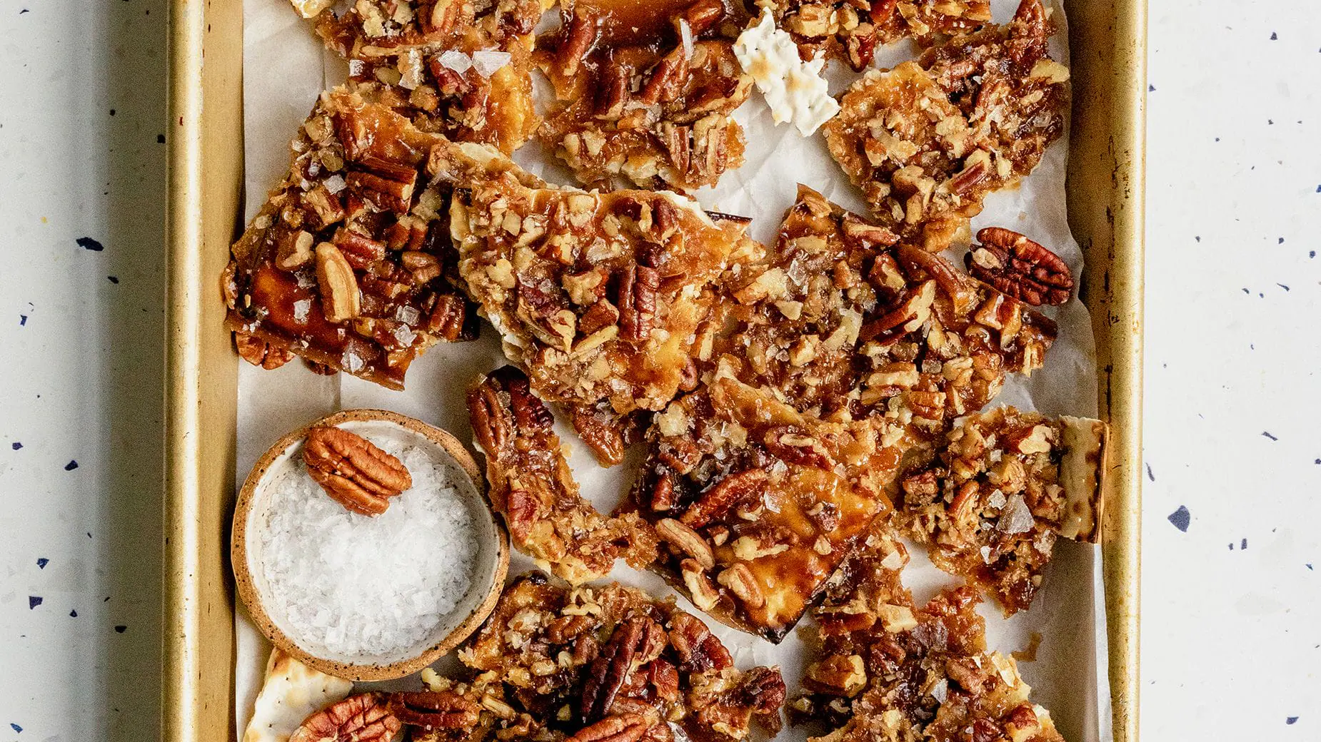 Pecan pie matzo crunch. Micah Siva's pecan pie matzo crunch is an indulgent yet light Passover dessert. (Photo by Micah Siva via CNN Newsource)