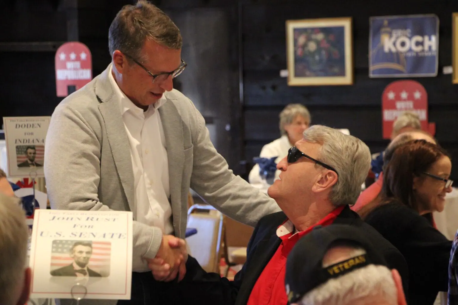 GOP candidate Eric Doden shakes hands with a voter at a Brown County event. The gubernatorial candidate has focused on small towns, zero-cost adoption and more over his three-year campaign. (Provided photo/Eric Doden campaign)