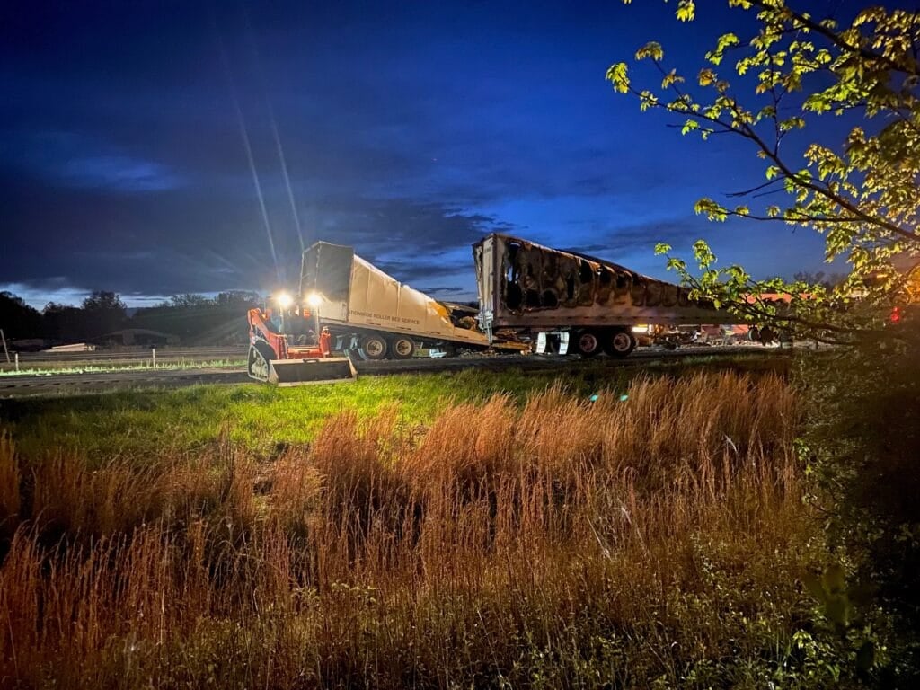 Pictures of burnt trailers from a fatal crash that happened on I-65 southbound just north of Scottsburg on April 23, 2024. 