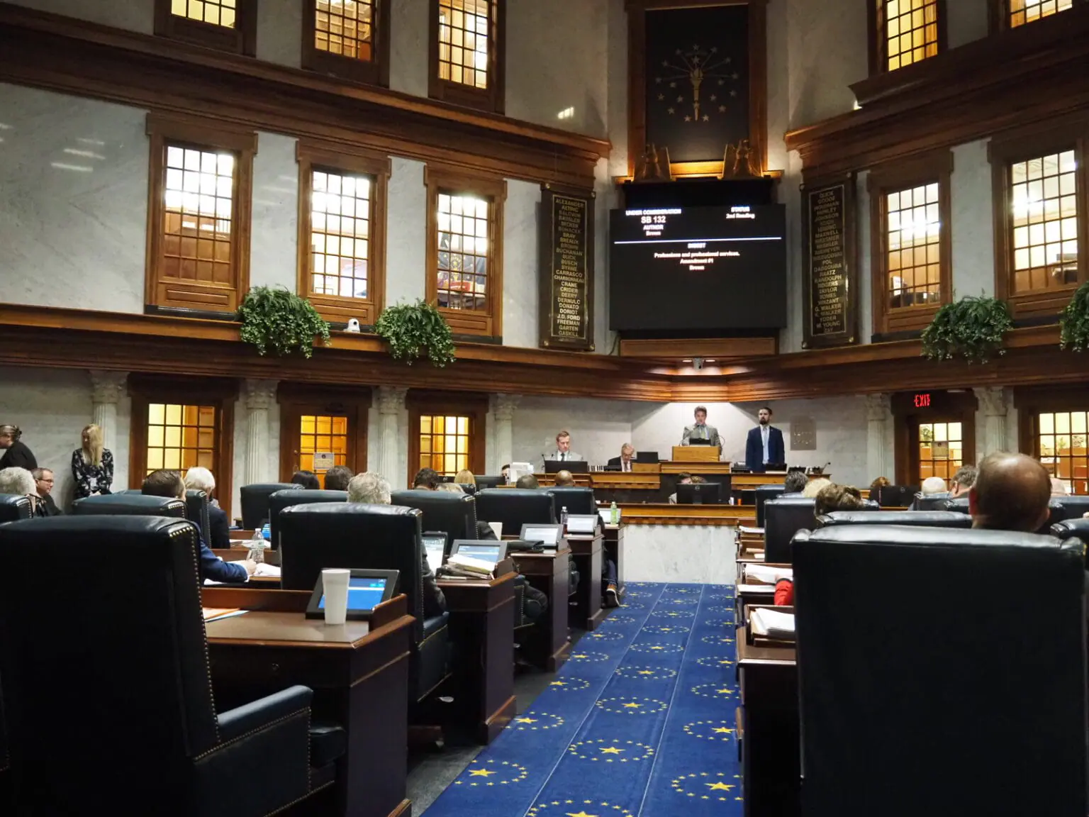 The Indiana Senate Chamber during session on Monday, Feb. 5, 2024. (Photo by Leslie Bonilla Muñiz/Indiana Capital Chronicle)