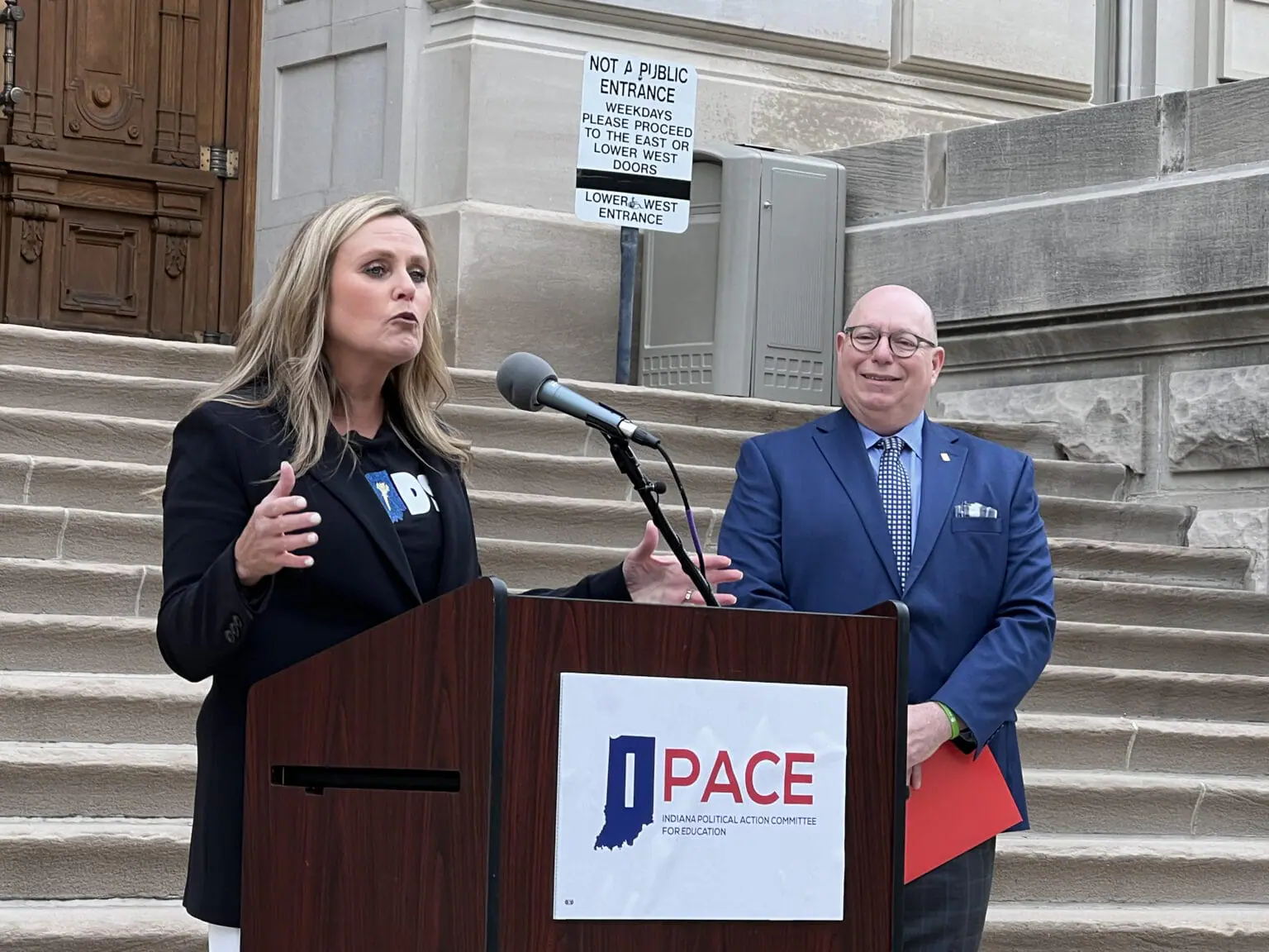 Democrat gubernatorial candidate Jennifer McCormick speaks outside the Indiana Statehouse on Wednesday, April 24, 2024. (Photo by Casey Smith/Indiana Capital Chronicle)