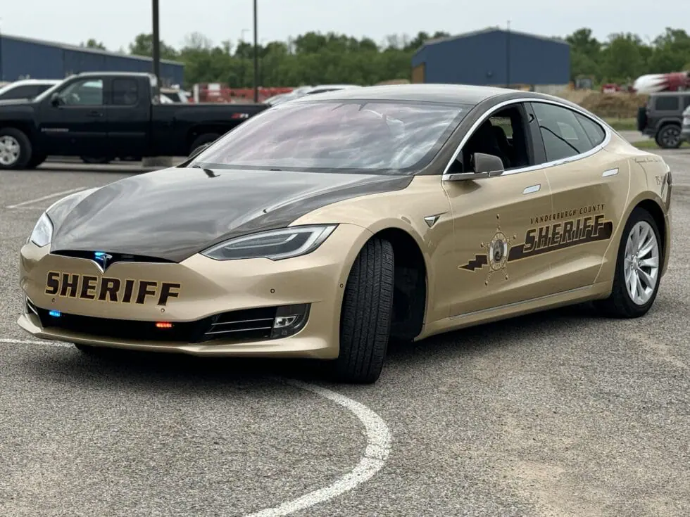 A 2016 Tesla Model S 75D, now the Vanderburgh County Sheriff's Office's first fully-electric patrol vehicle. The patrol Tesla made its grand debut on April 26, 2024.