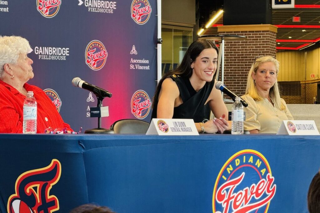 Caitlin Clark, who was selected with the No. 1 overall pick in Monday night's WNBA draft, speaks to the media at Gainbridge Fieldhouse in Indianapolis on April 17, 2024. (WISH Photo/Anthony Calhoun)