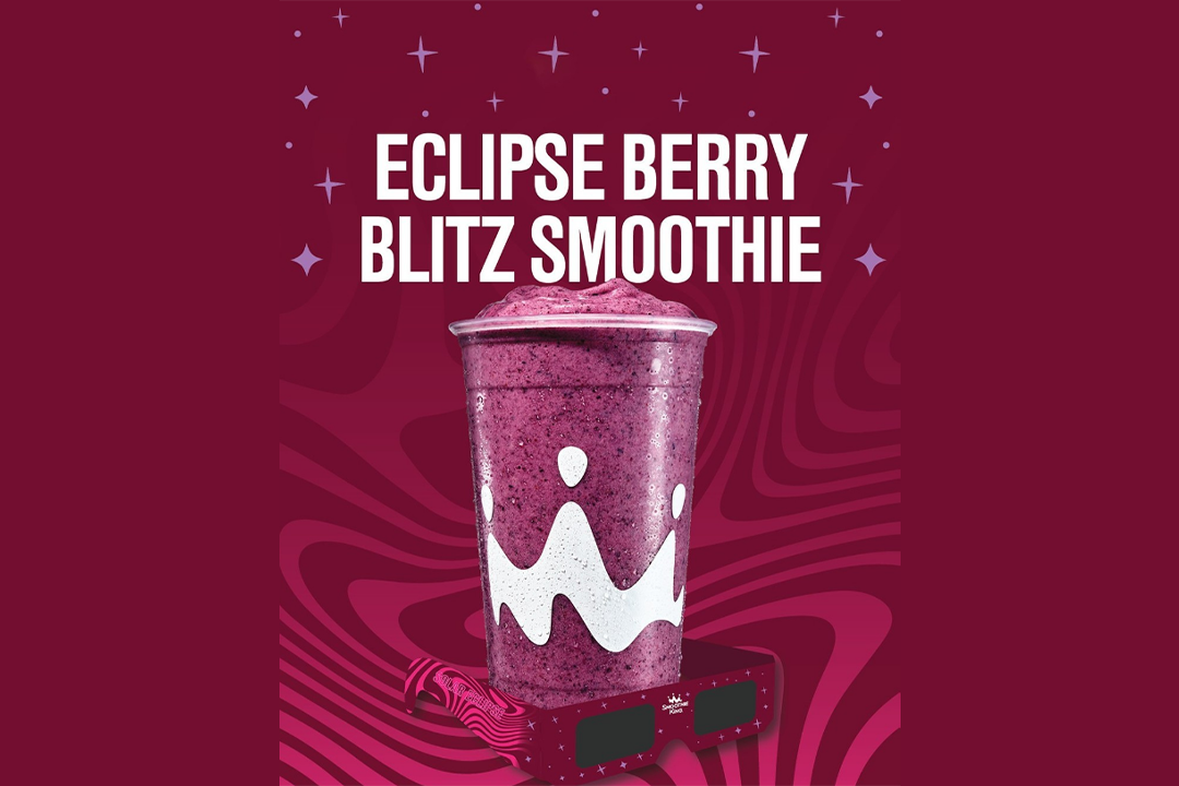 Start celebrating the total solar eclipse with a Eclipse Berry Blitz Smoothie from Smoothie King. The Eclipse Berry Blitz Smoothie is a supernova of sweet fruit flavor. It features bananas, blueberries, apple blueberry juice blend, white grape lemon juice blend, protein blend, and blue spirulina. Receive a free pair of eclipse glasses with the purchase of a 20 oz or larger Eclipse Berry Blitz. (Provided Photo/Smoothie King)