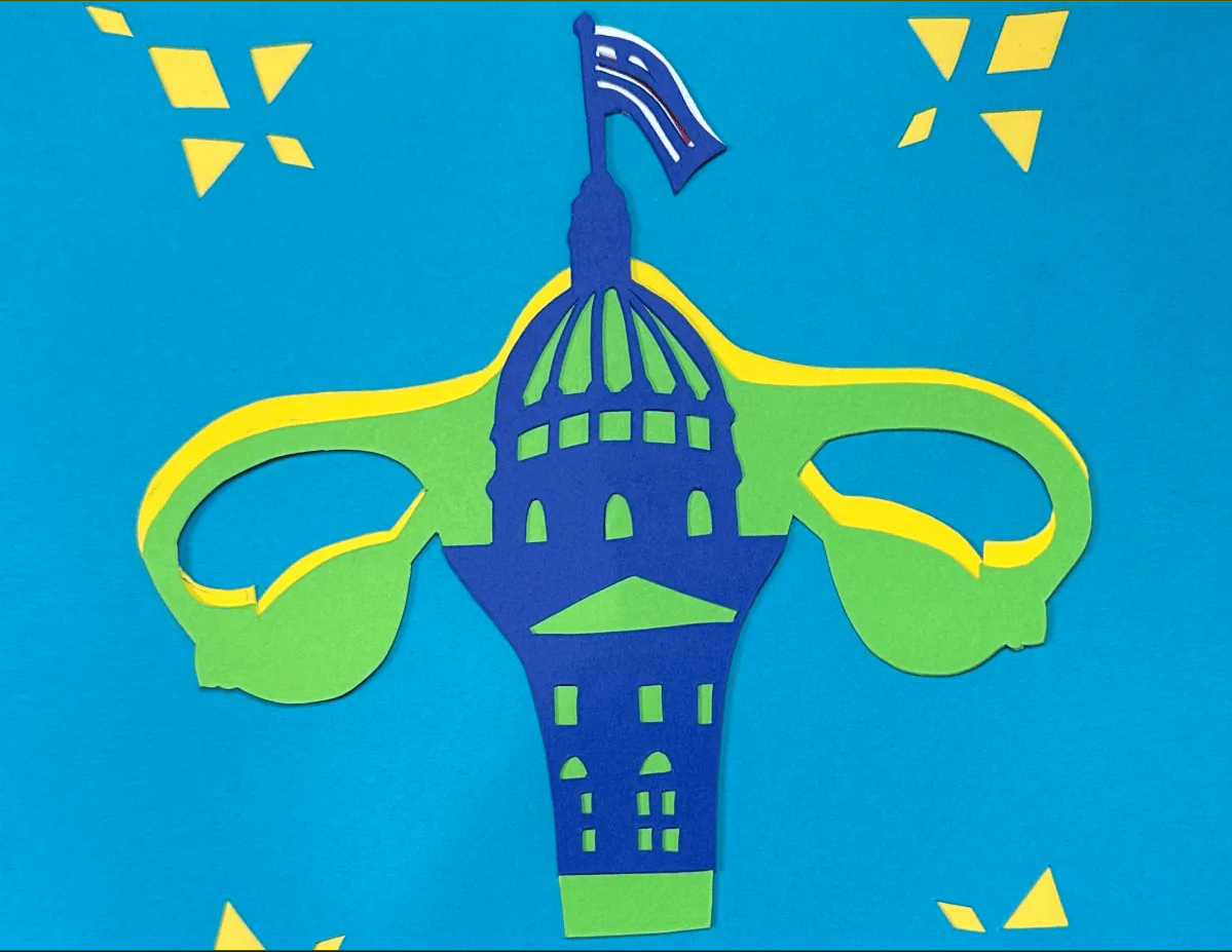 A papel picado-inspired piece depicts the Indiana Statehouse and a uterus.