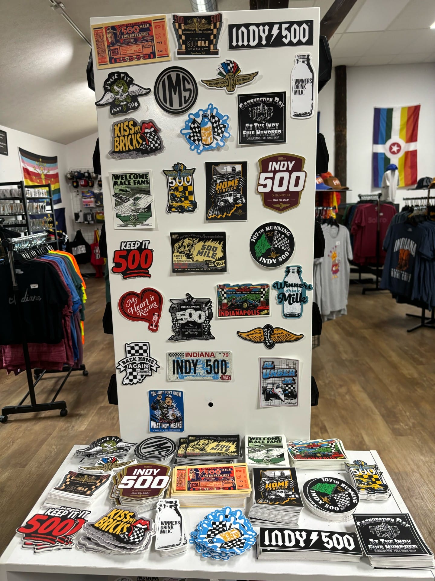 Indy 500 merch and gear, a wall of stickers