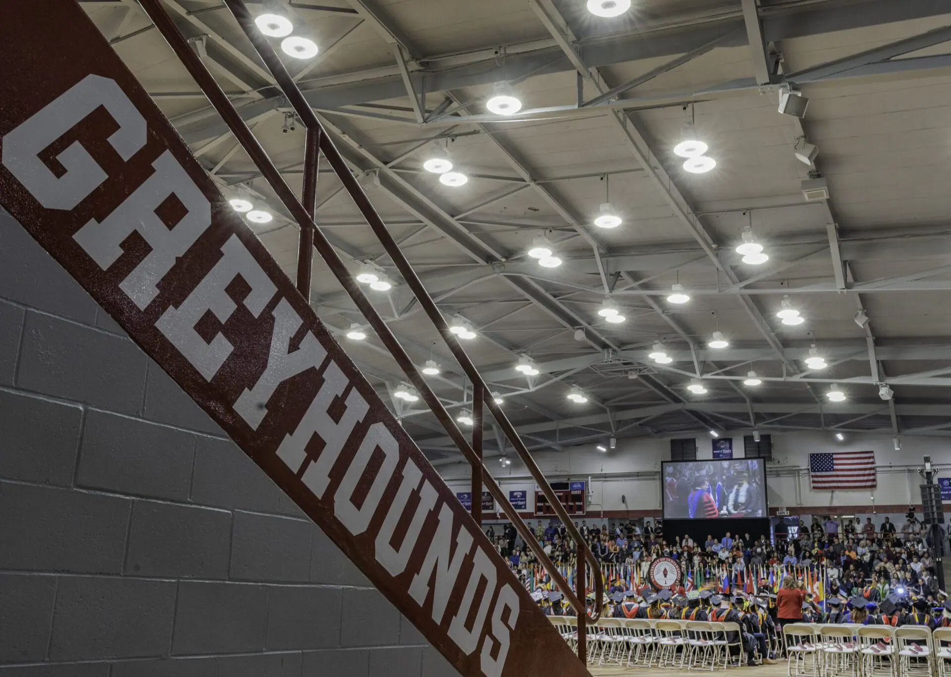 The word Greyhounds is displayed in signage at Nicoson Hall on the campus of the University of Indianapolis. UIndy is adding two new NCAA varsity women's sports. (Provided Photo/UIndy)