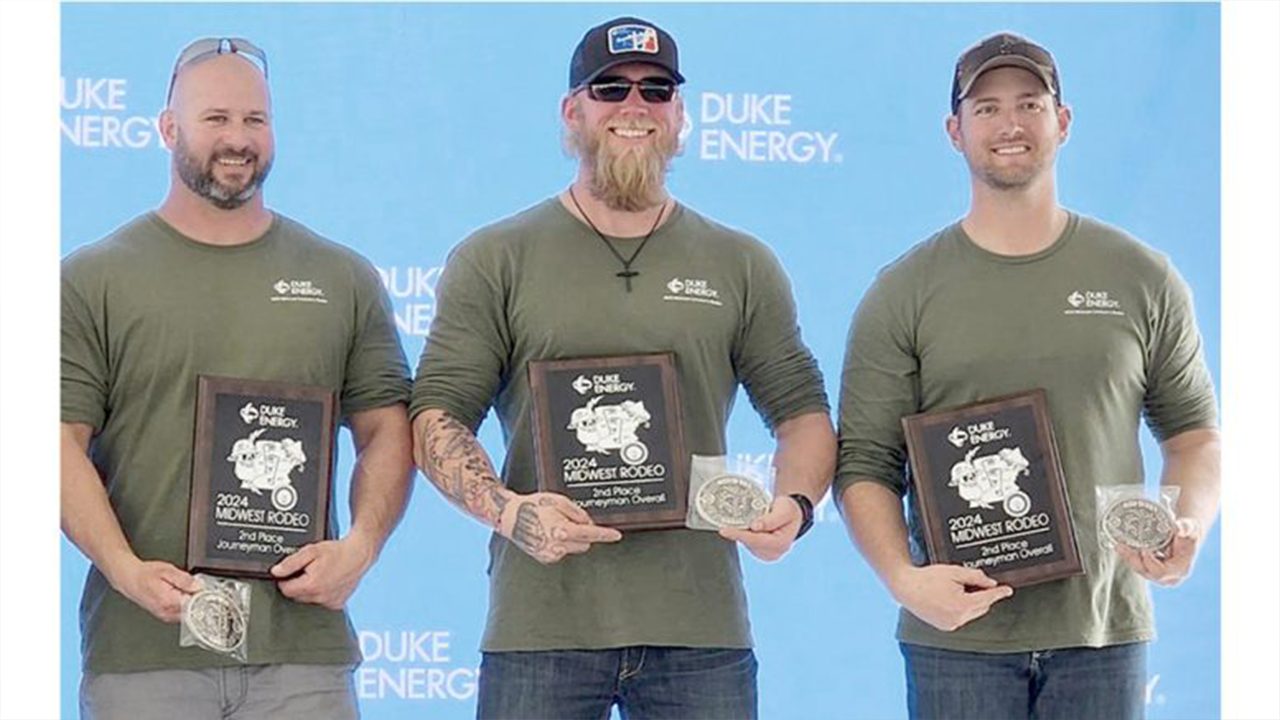 (From left) Duke Energy linemen Jason Washburn, Collin Boschert, and Matt Wallpe, all of Noblesville. The trio will compete this fall in the International Lineman’s Rodeo in Kansas. (Provided photo/Duke Energy)