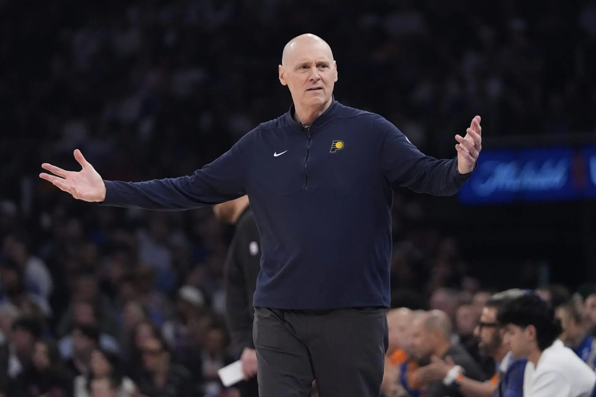 Indiana Pacers coach Rick Carlisle reacts during the first half of Game 2 of the team's NBA basketball second-round playoff series against the New York Knicks, Wednesday, May 8, 2024, in New York. The Pacers on Thursday sent 78 questionable calls to the NBA for review. (AP Photo/Frank Franklin II)