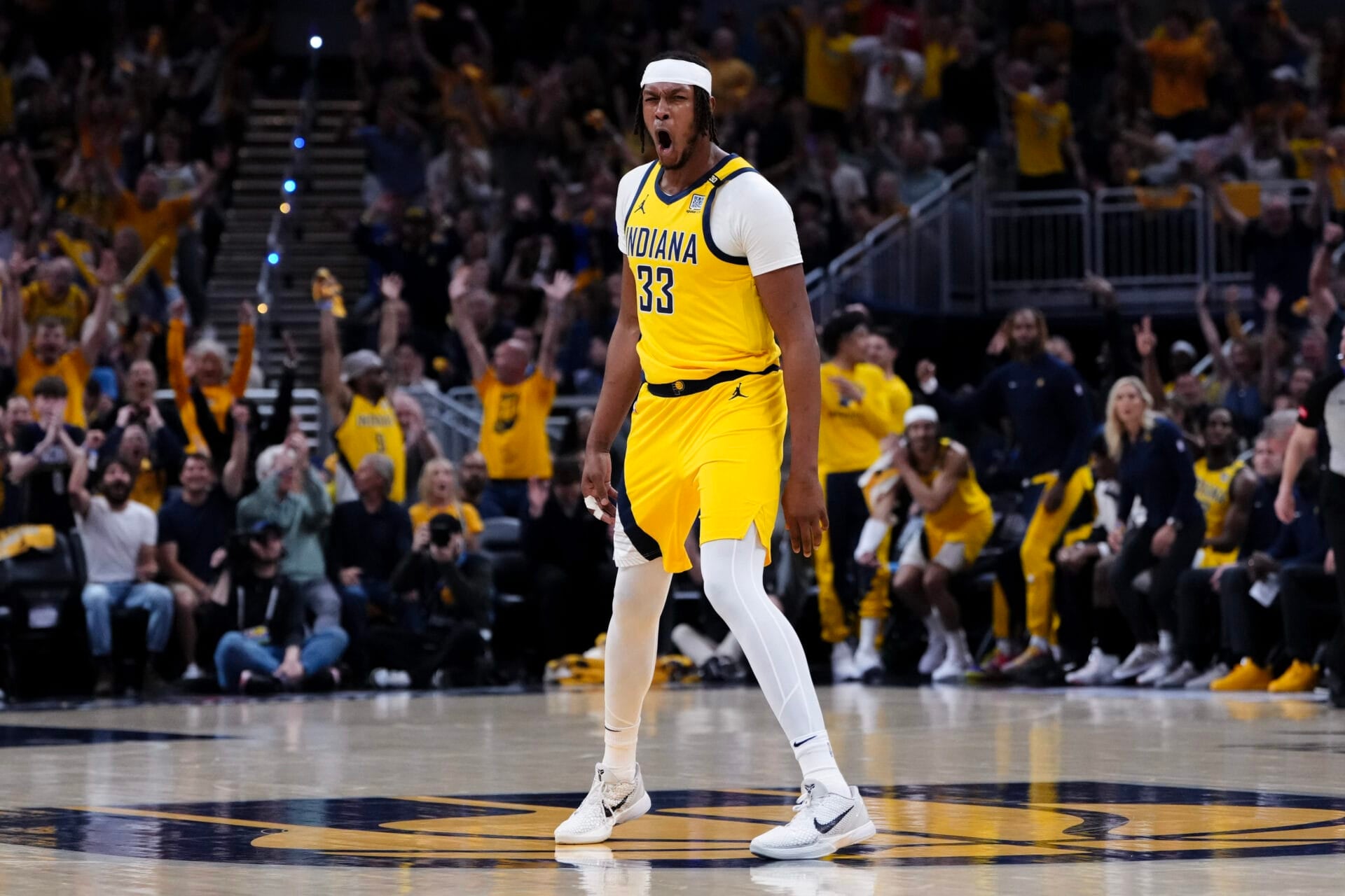 Myles Turner #33 of the Indiana Pacers celebrates after a shot during the first quarter against the New York Knicks in Game Four of the Eastern Conference Second Round Playoffs at Gainbridge Fieldhouse on May 12, 2024 in Indianapolis, Indiana. (Photo by Dylan Buell/Getty Images)