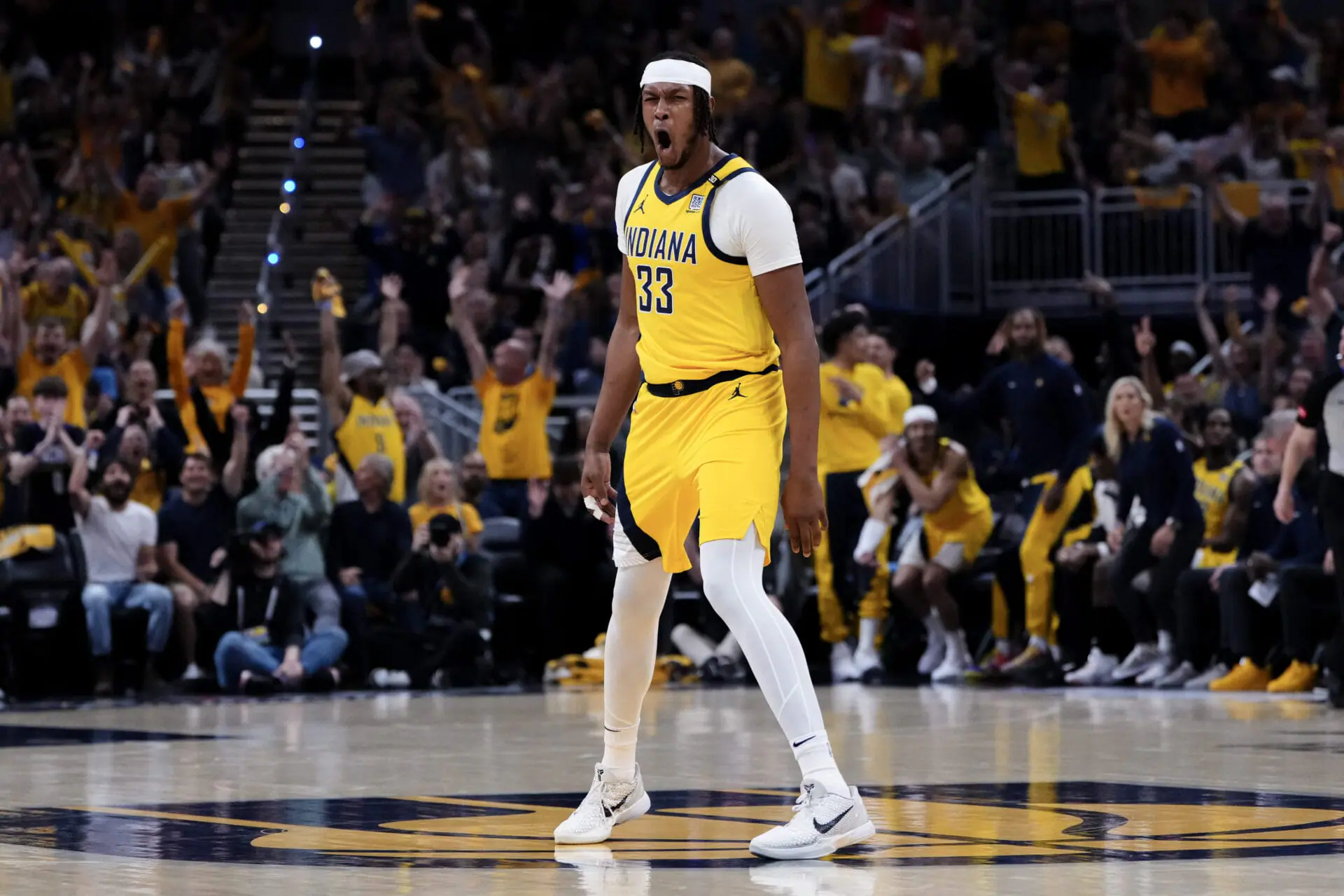 Myles Turner #33 of the Indiana Pacers celebrates after a shot during the first quarter against the New York Knicks in Game Four of the Eastern Conference Second Round Playoffs at Gainbridge Fieldhouse on May 12, 2024 in Indianapolis, Indiana. (Photo by Dylan Buell/Getty Images)