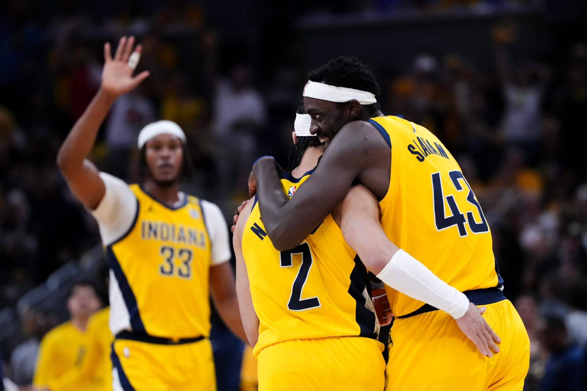 Andrew Nembhard #2 and Pascal Siakam #43 of the Indiana Pacers celebrate during the third quarter against the New York Knicks in Game Four of the Eastern Conference Second Round Playoffs at Gainbridge Fieldhouse on May 12, 2024 in Indianapolis, Indiana. (Photo by Dylan Buell/Getty Images)