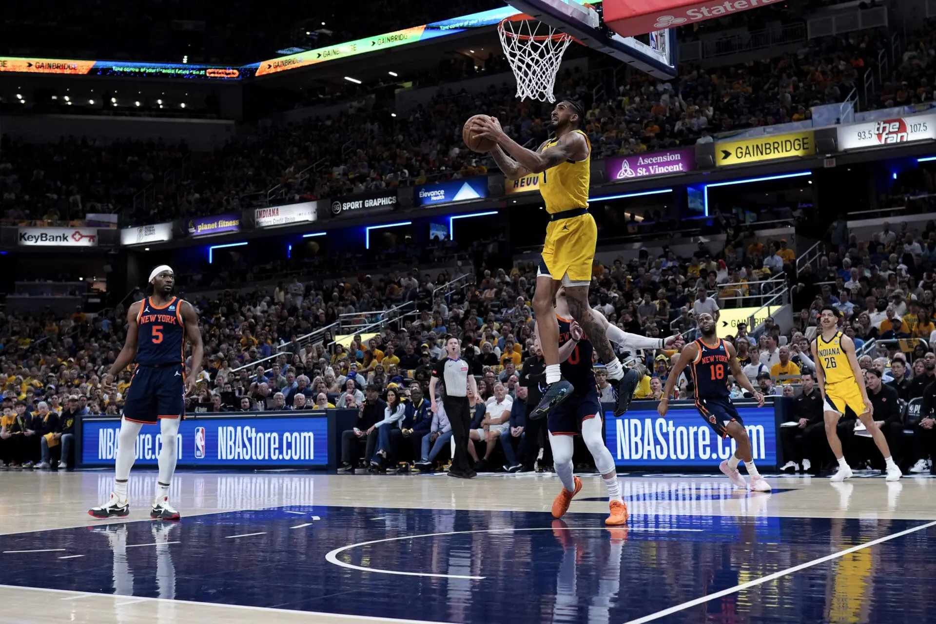 Obi Toppin #1 of the Indiana Pacers dunks the ball during the third quarter against the New York Knicks in Game Four of the Eastern Conference Second Round Playoffs at Gainbridge Fieldhouse on May 12, 2024 in Indianapolis, Indiana. (Photo by Dylan Buell/Getty Images)