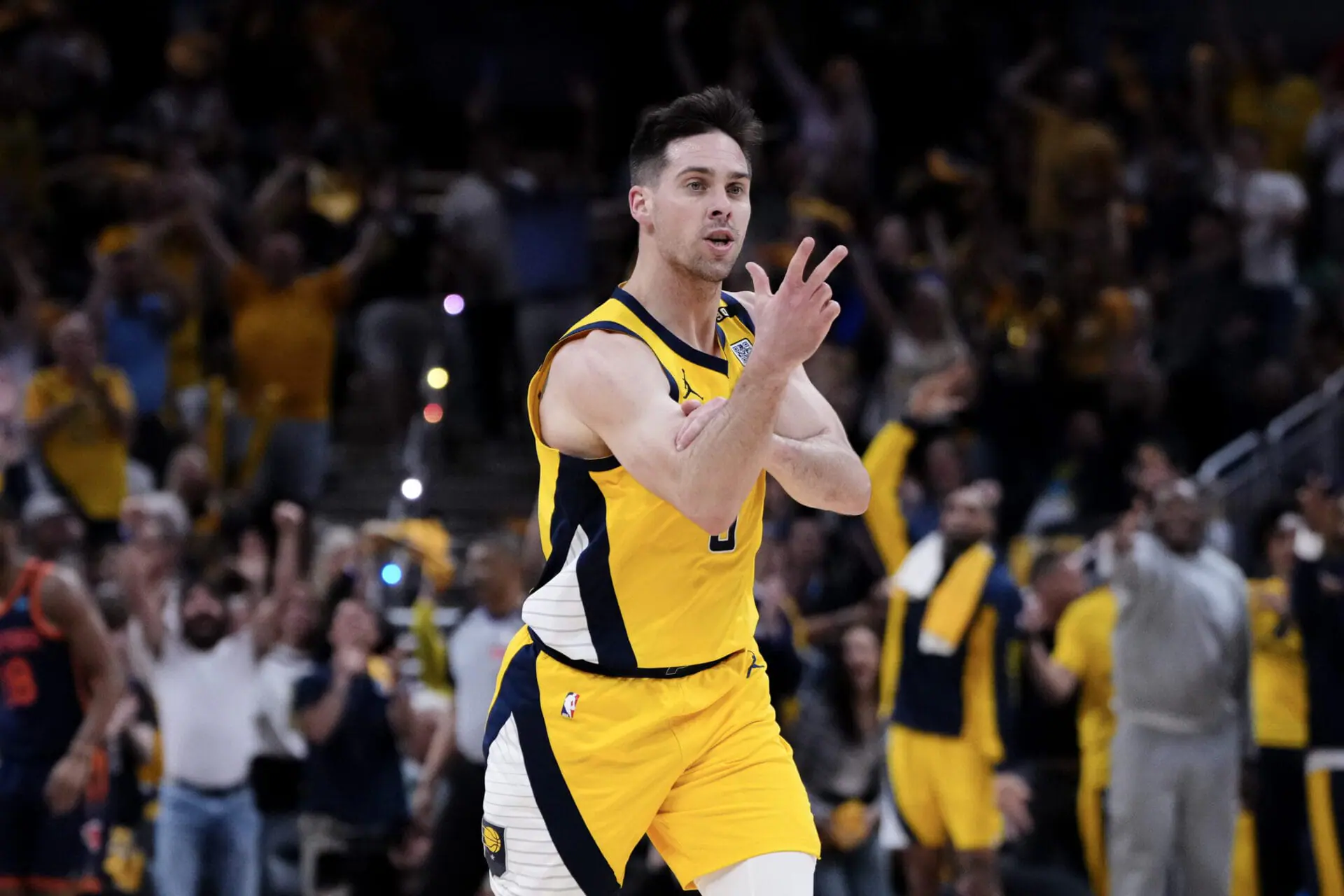 T.J. McConnell #9 of the Indiana Pacers reacts after a shot against the New York Knicks in Game Four of the Eastern Conference Second Round Playoffs at Gainbridge Fieldhouse on May 12, 2024 in Indianapolis. (Photo by Dylan Buell/Getty Images)