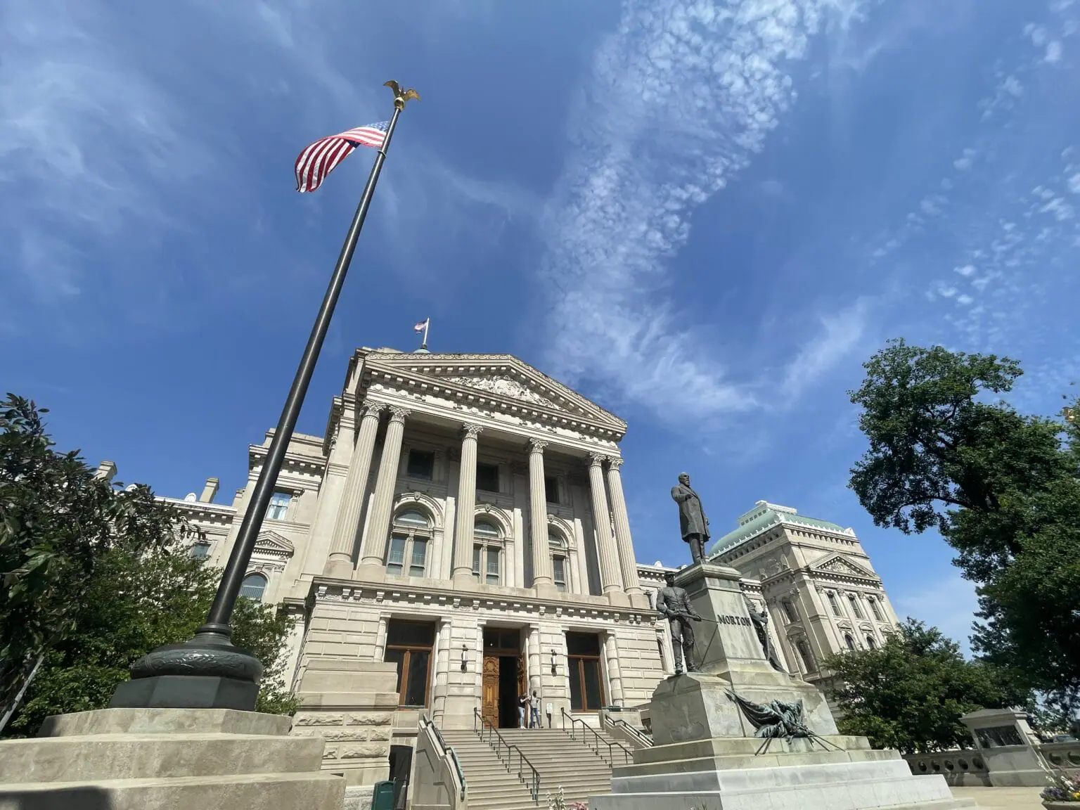 The Indiana Statehouse on Thursday, May 25, 2023. When Indiana lawmakers next converge upon the Statehouse for interim committee meetings, they’ll take on artificial intelligence (AI), Medicaid spending and more — but won’t take another look at marijuana. (Photo by Leslie Bonilla Muñiz/Indiana Capital Chronicle)