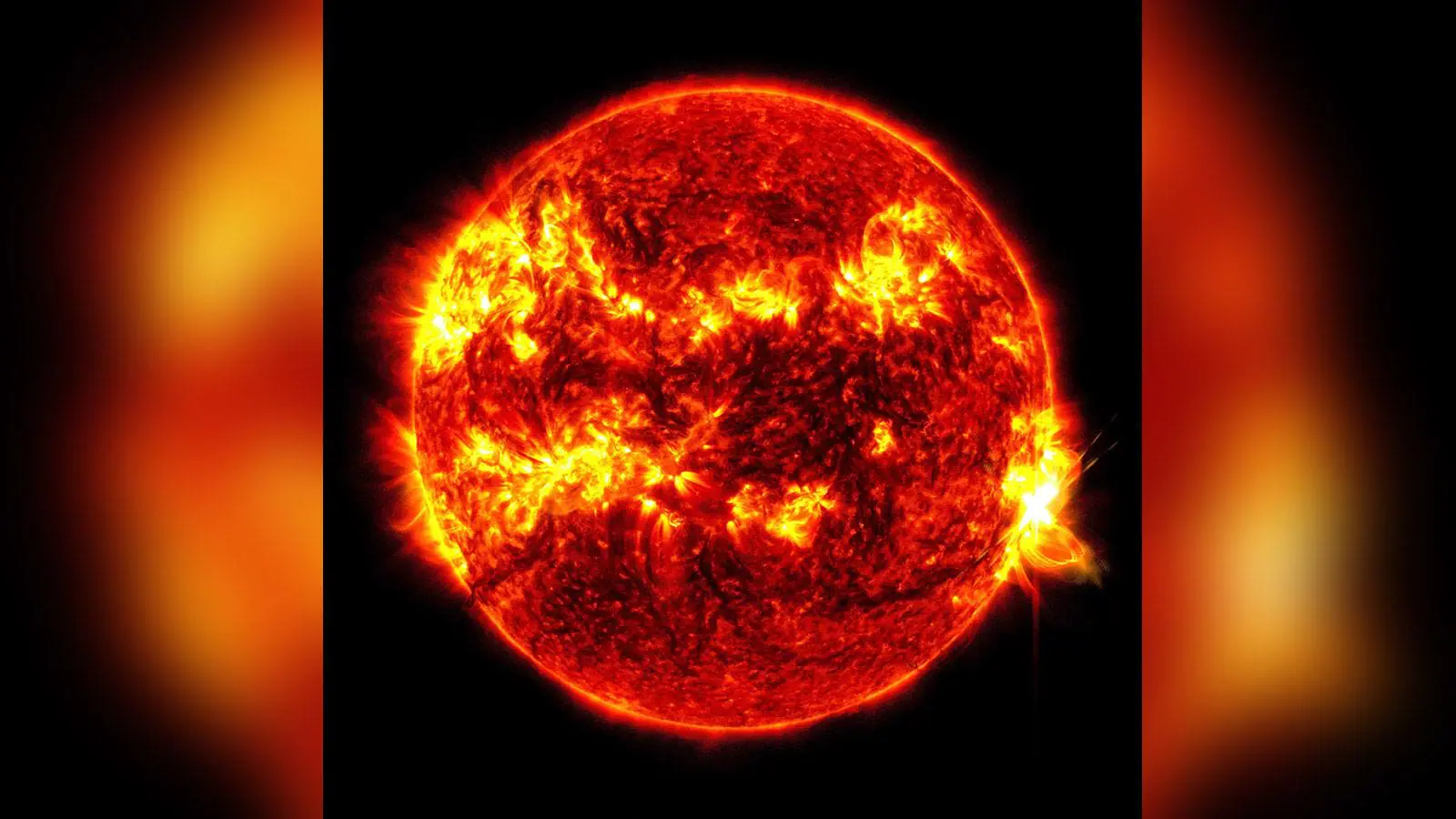 The flash of light pictured on the right side of the Sun was captured by NASA’s Solar Dynamics Observatory.