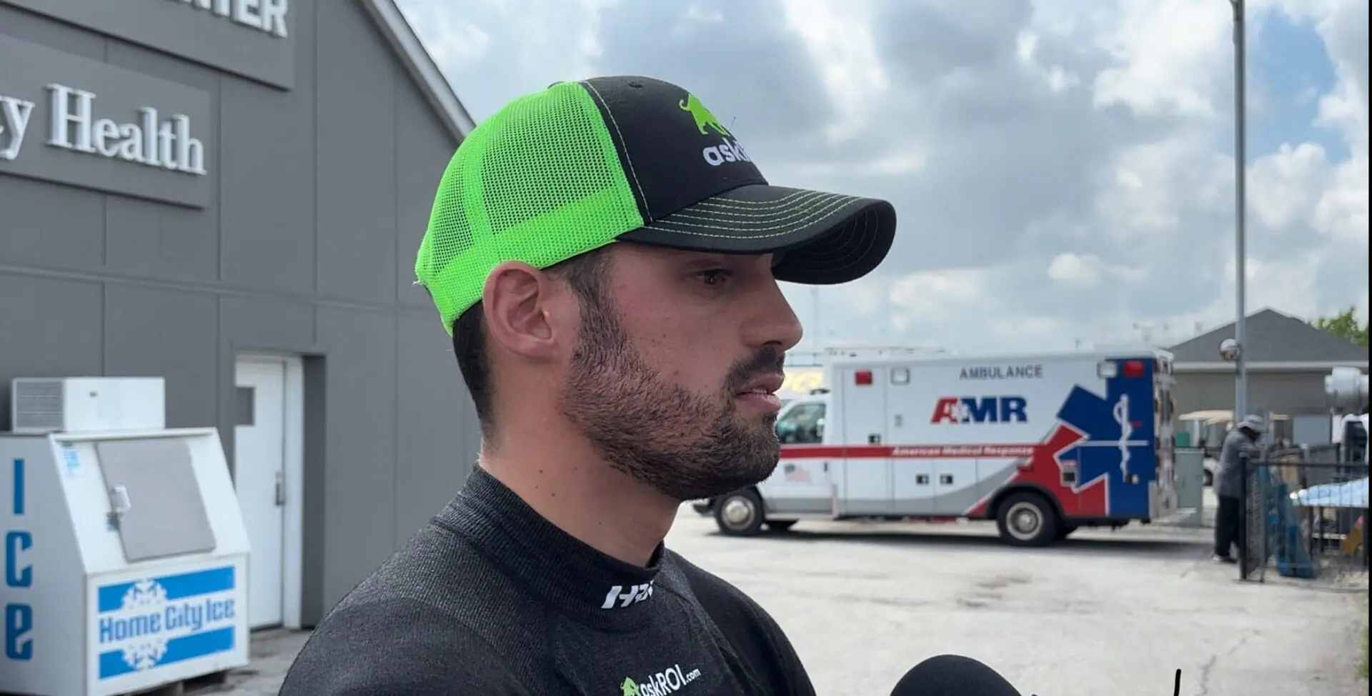 Rinus VeeKay talks with News 8 outside the medic building at the Indianapolis Motor Speedway following his Turn 3 crash in the first Indy 500 qualifying run on May 18, 2024.