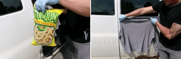 A bag of Funyuns (left) and a long-sleeved gray shirt that IMPD officers say were found inside a van driven by a robbery suspect. (IMPD Photos via Facebook)