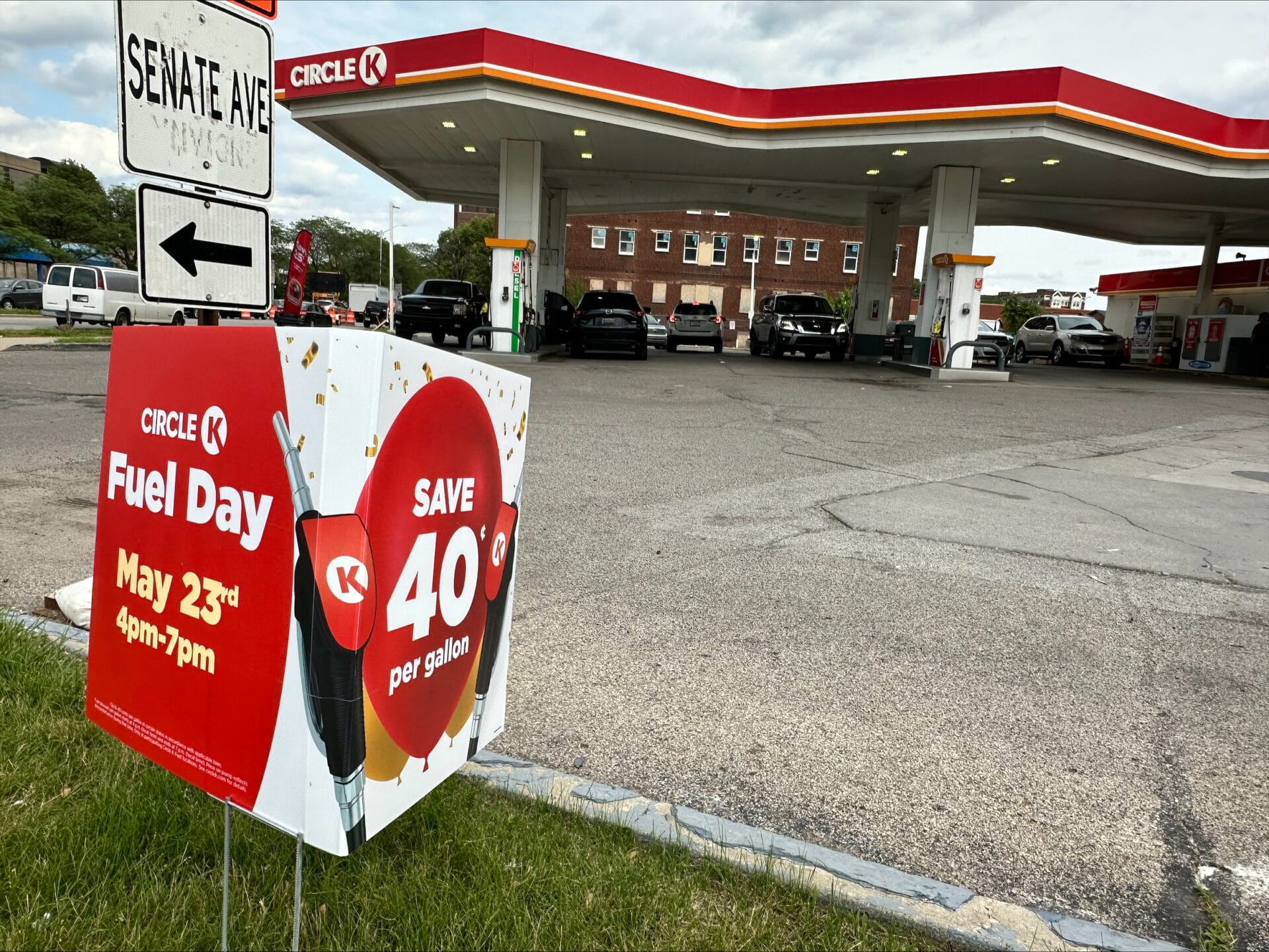 Circle K, the global convenience store chain, on May 23, 2204, lowered gas prices by 40 cents per gallon natiionally between 4 p.m. and 7 p.m. local time. Here is a view from the station at 16th and Illinois streets in Indianapolis. (WISH Photo/Jason Ronimous)