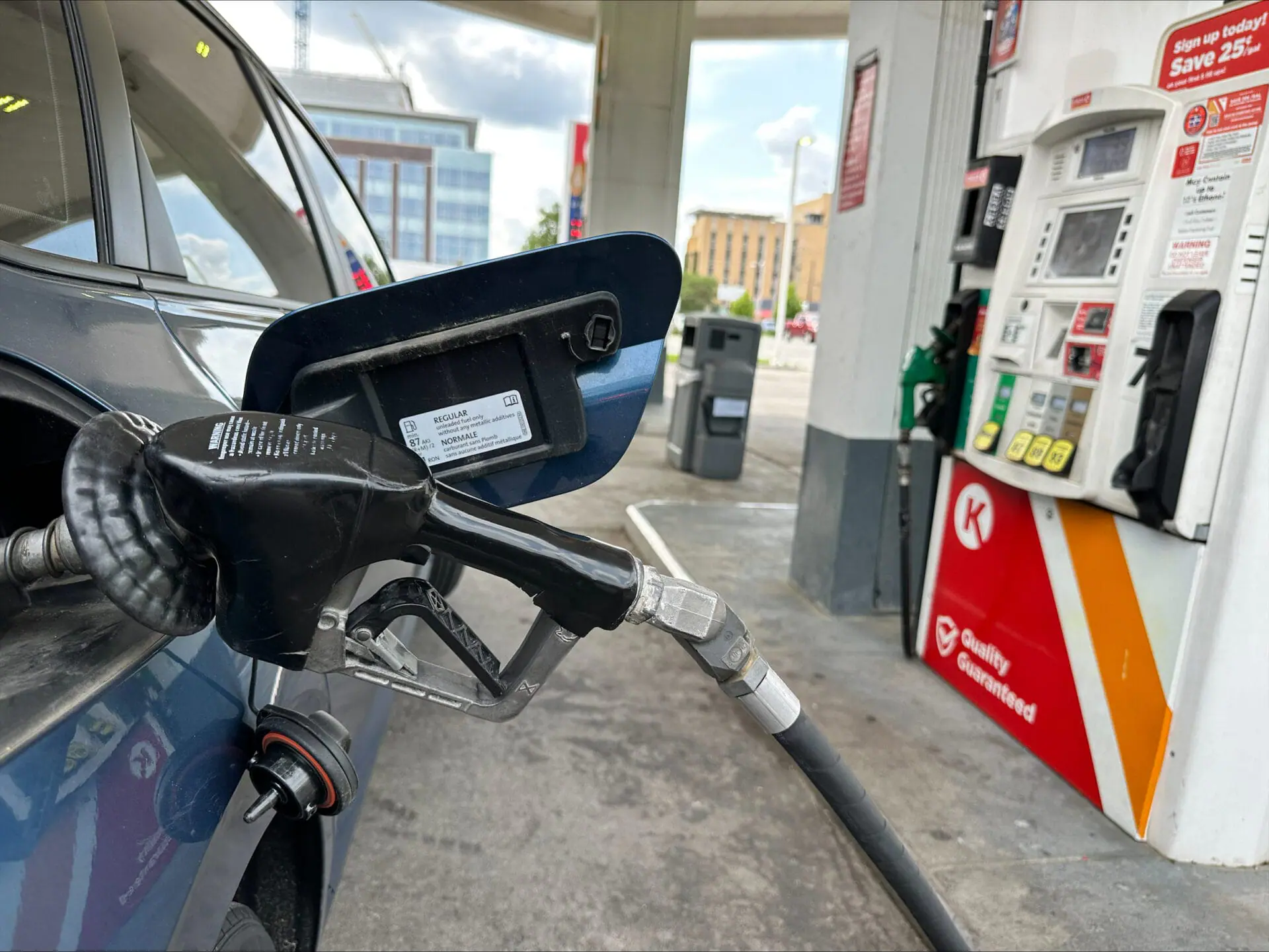 Circle K, the global convenience store chain, on May 23, 2204, lowered gas prices by 40 cents per gallon natiionally between 4 p.m. and 7 p.m. local time. Here is a view from the station at 16th and Illinois streets in Indianapolis. (WISH Photo/Jason Ronimous)