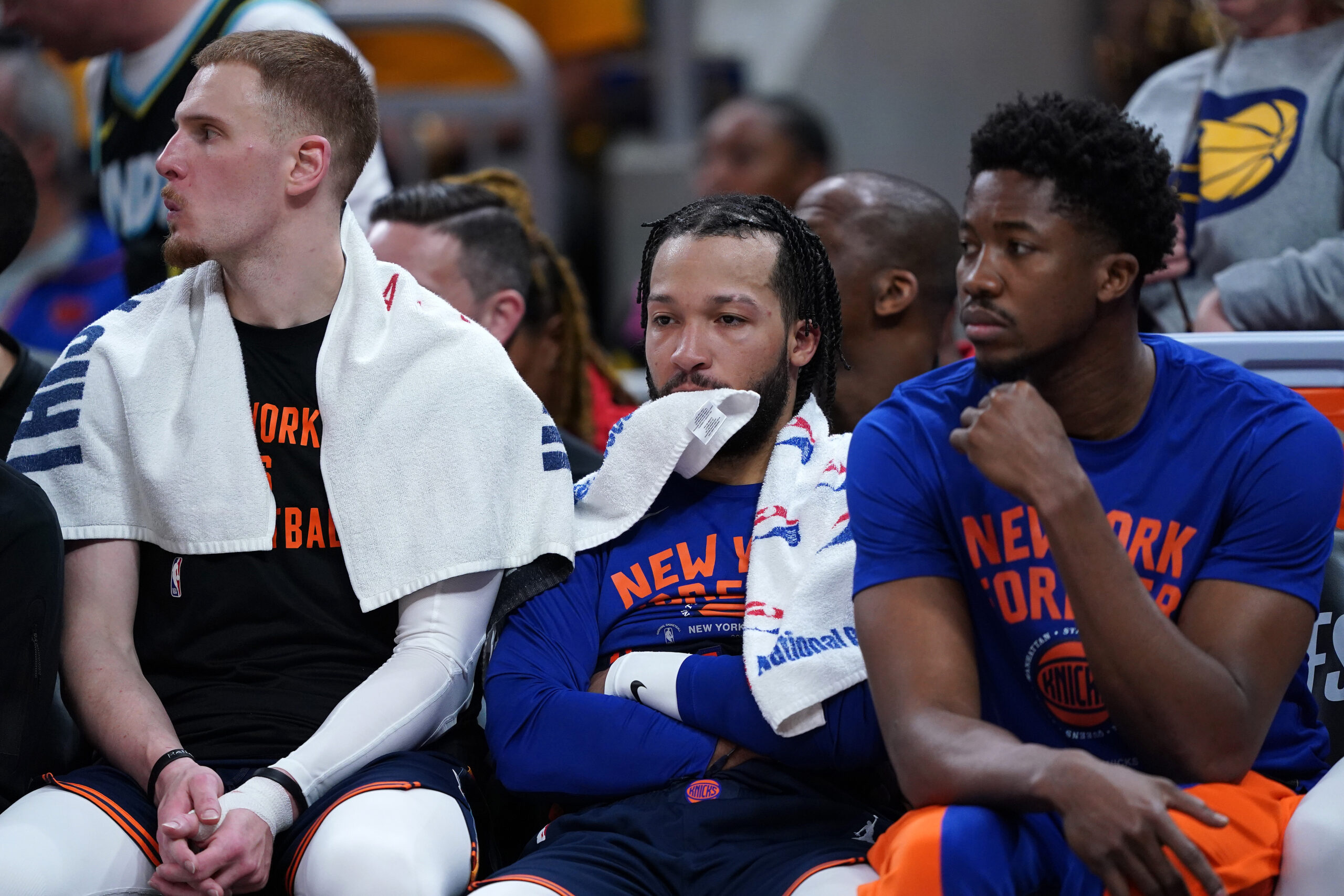 Jalen Brunson #11 of the New York Knicks looks on during the fourth quarter against the Indiana Pacers in Game Four of the Eastern Conference Second Round Playoffs at Gainbridge Fieldhouse on May 12, 2024 in Indianapolis. (Photo by Dylan Buell/Getty Images)