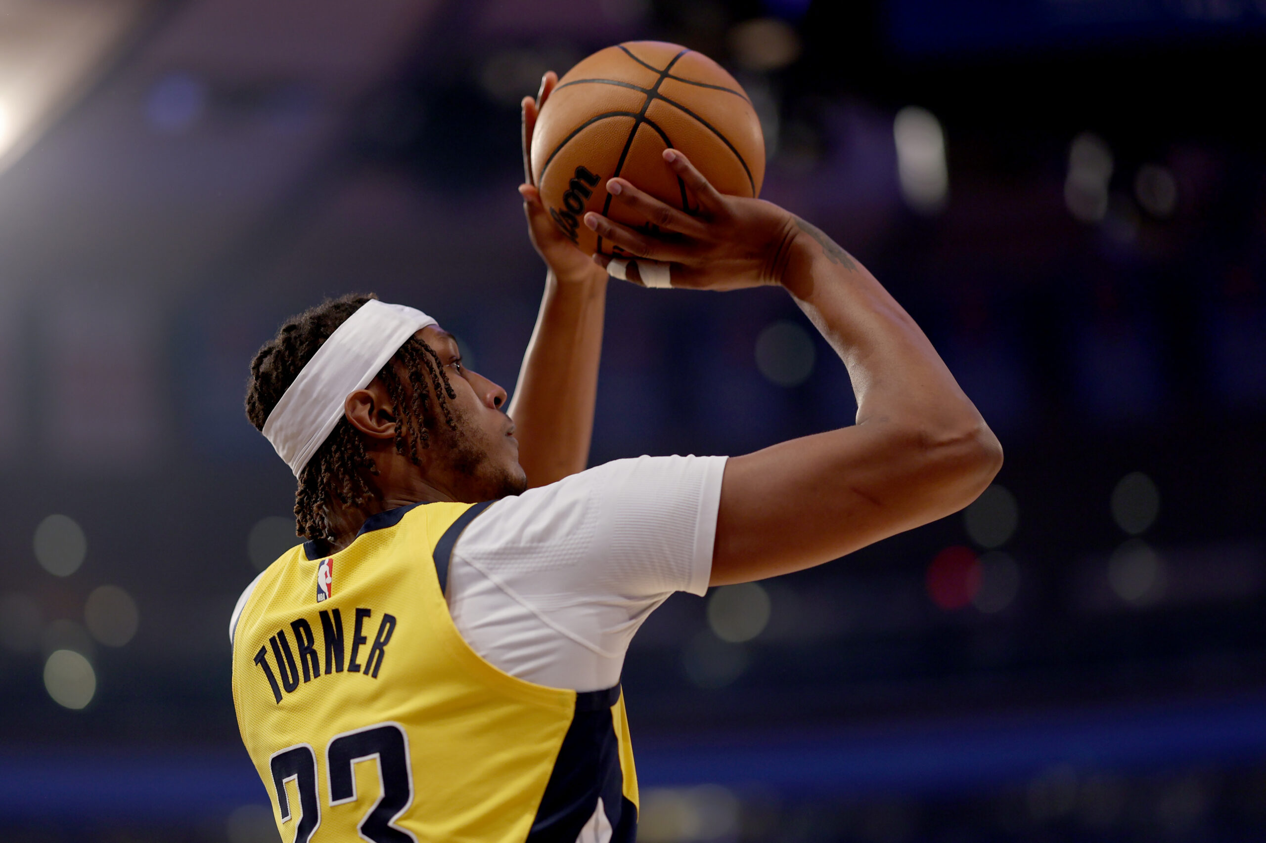 Myles Turner #33 of the Indiana Pacers attempts a shot in the first quarter against the New York Knicks in Game Seven of the Eastern Conference Second Round Playoffs at Madison Square Garden on May 19, 2024 in New York City. (Photo by Elsa/Getty Images)