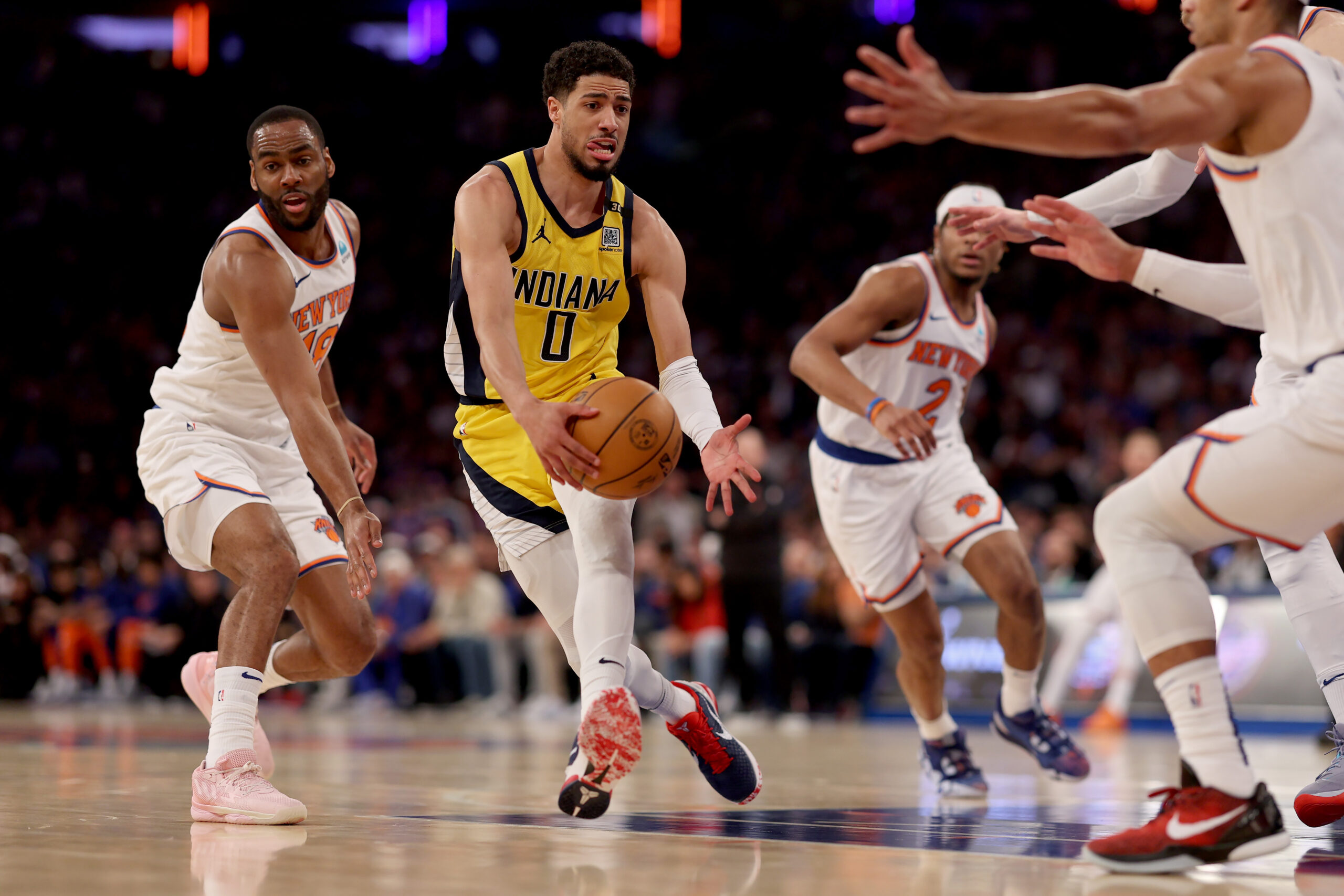 Tyrese Haliburton #0 of the Indiana Pacers dribbles the ball in the second quarter against the New York Knicks in Game Seven of the Eastern Conference Second Round Playoffs at Madison Square Garden on May 19, 2024 in New York City. (Photo by Elsa/Getty Images)