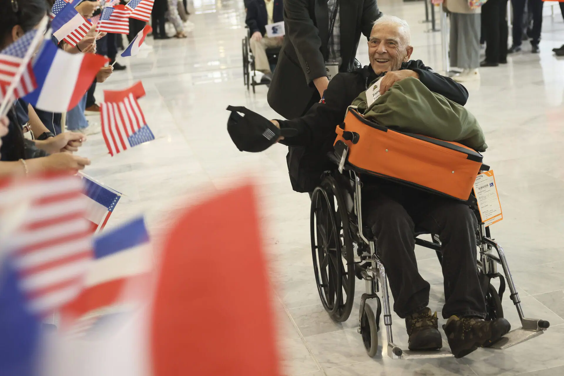 American D-Day veteran Anthony Pagano arrives at Charles de Gaulle airport, Saturday, June 1, 2024 in Roissy, north of Paris. More than sixty American veterans arrive for ceremonies marking D-Day 80th anniversary.