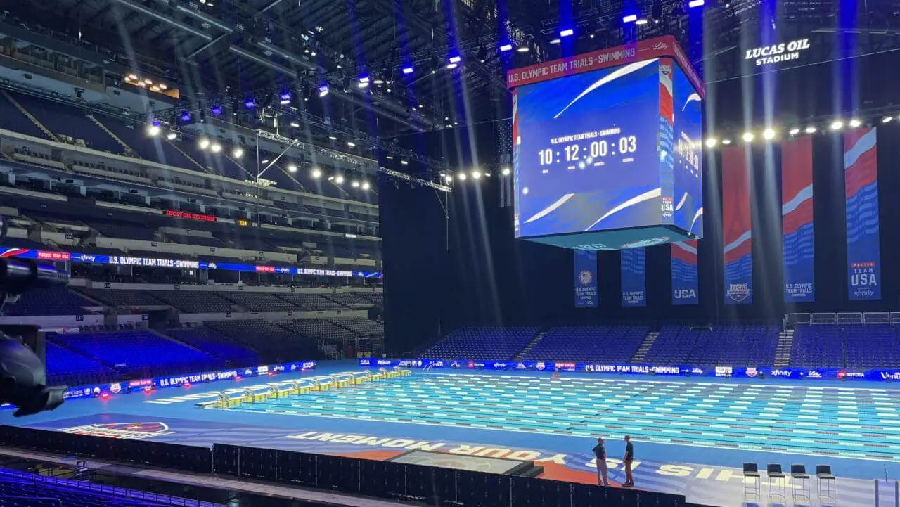 The U.S. Olympic swimming trials will make a splash on their grandest stage yet — a temporary pool inside the massive stadium that is home to the NFL's Indianapolis Colts. (WISH Photo)