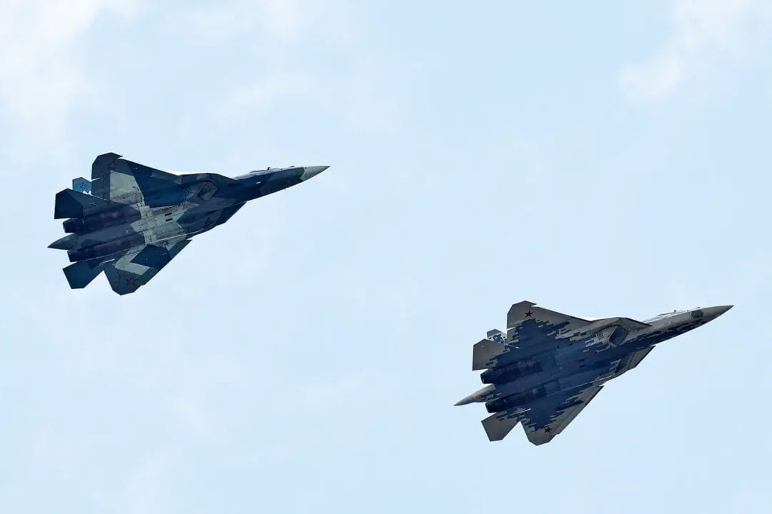 Sukhoi Su-57 fighter jets take part in a flight demonstration in Zhukovskiy, Russia in August 2019. Ukraine’s military said on June 9 that it had destroyed one of Russia’s newest and most advanced fighter jets. (Photo by Oleg Nikishin/Getty Images via CNN Newsource)