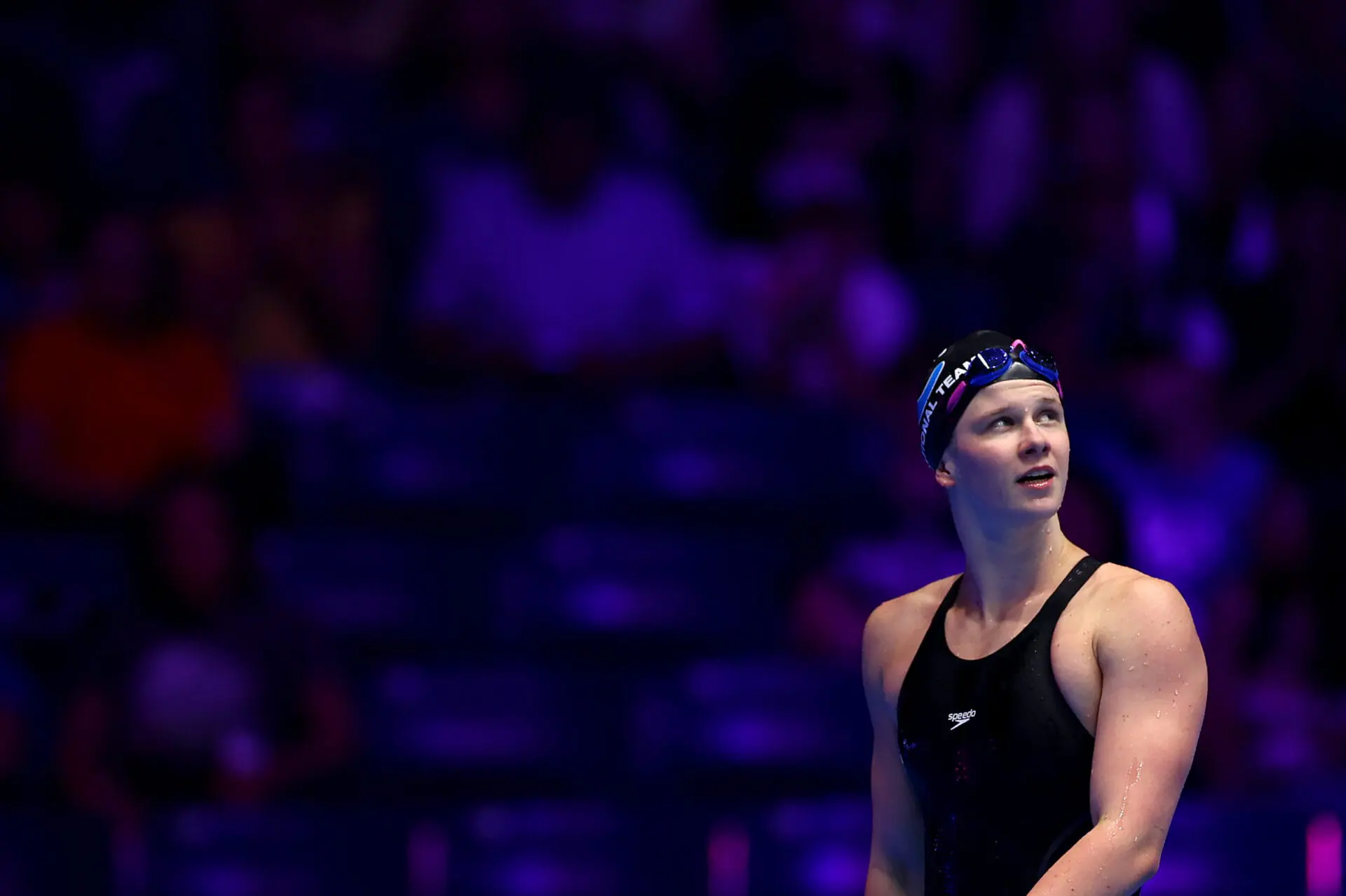 INDIANAPOLIS, INDIANA - JUNE 19: Alex Shackell of the United States looks on after the Women's 200m butterfly semifinal on Day Five of the 2024 U.S. Olympic Team Swimming Trials at Lucas Oil Stadium on June 19, 2024 in Indianapolis, Indiana. (Photo by Sarah Stier/Getty Images)