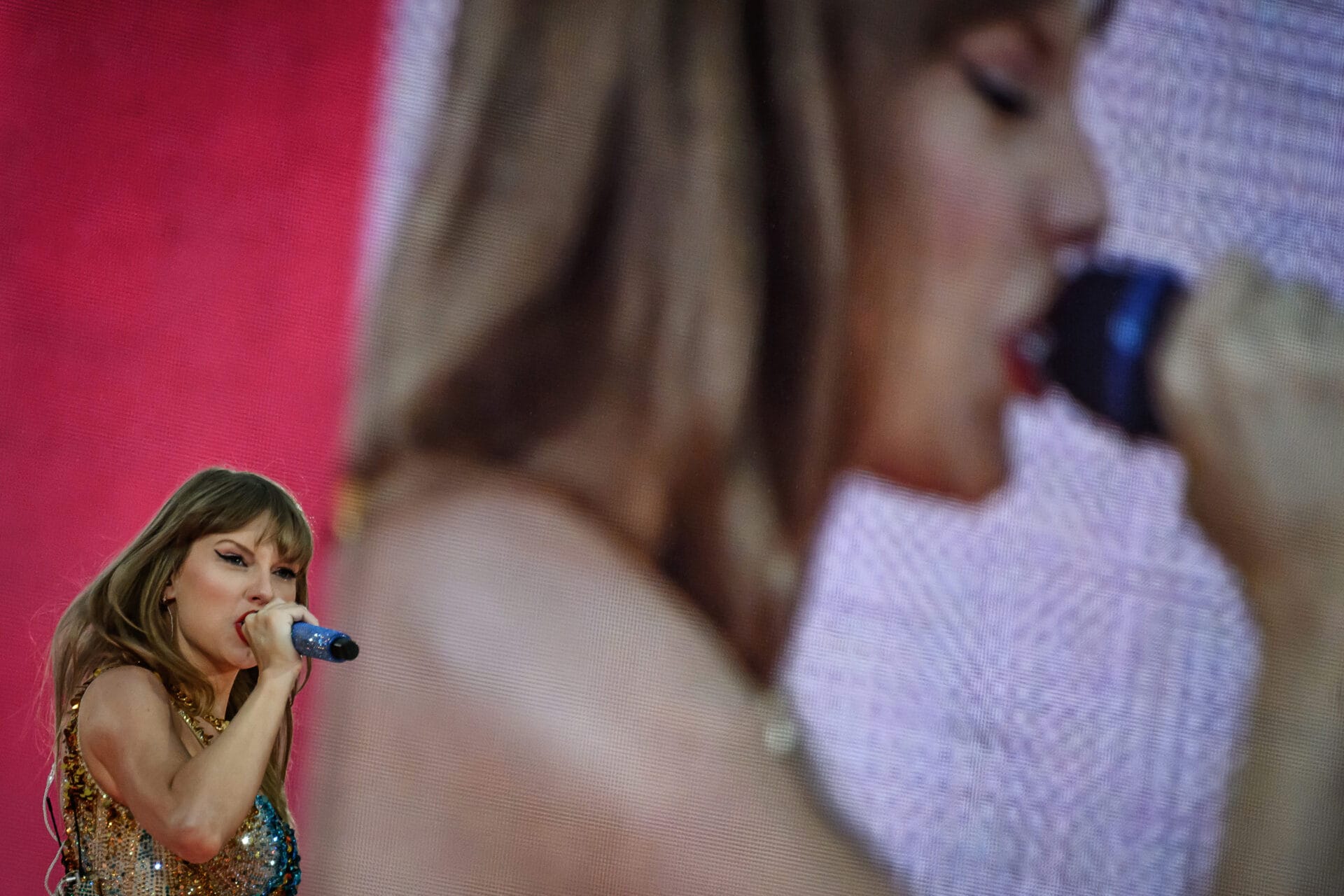 US singer and songwriter Taylor Swift performs on stage at the Groupama Stadium as part of The Eras Tour, in Decines-Charpieu, eastern France, on June 2, 2024. (Photo by JEFF PACHOUD/AFP via Getty Images)