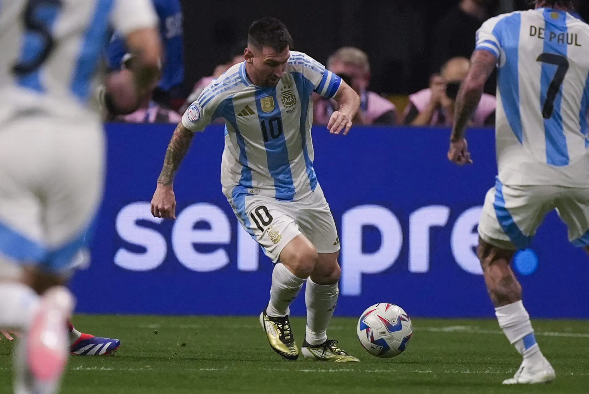 Argentina's Lionel Messi controls the ball during a Copa America Group A soccer match against Canada in Atlanta, Thursday, June 20, 2024. (AP Photo/Mike Stewart)