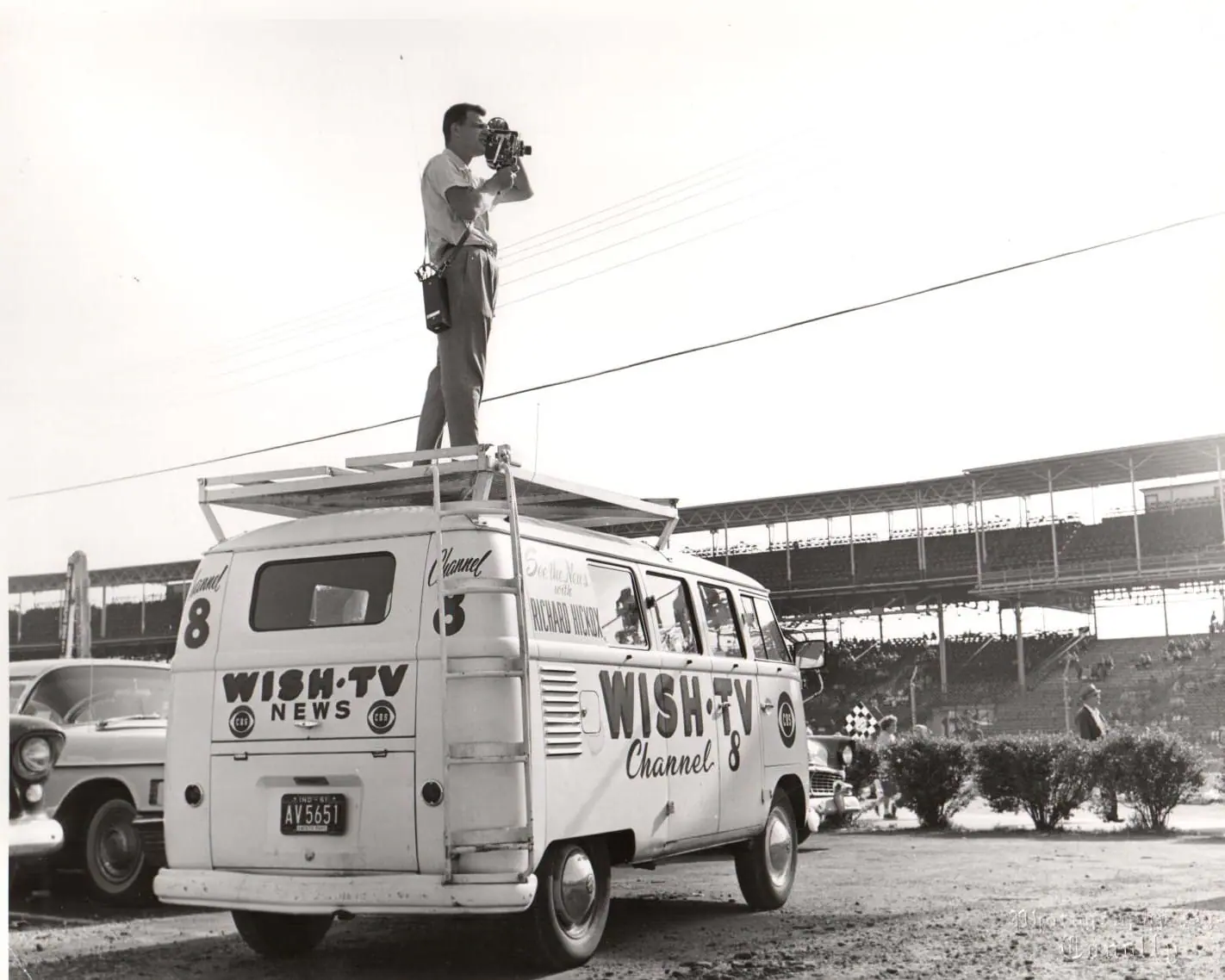 A Volkswagen bus being used by WISH-TV photographers during the Indianapolis 500 in 1961.