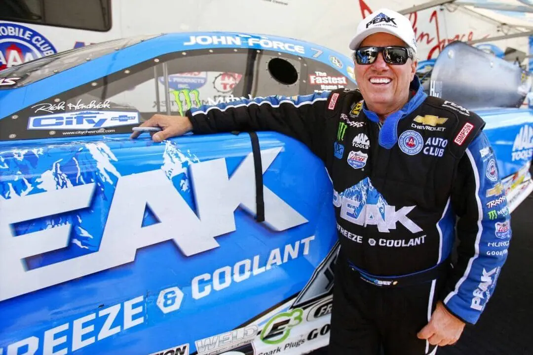 FILE - Funny Car driver John Force looks to get back on track for the last day of qualifying at the NHRA Kansas Nationals at Heartland Park, May 21, 2016, in Topeka Kansas. Force raced to his record 157th NHRA victory on Sunday, June 2, 2024, at age 75, beating teammate Austin Prock in the Funny Car final at the NHRA New England Nationals. (Chris Neal/The Topeka Capital-Journal via AP)