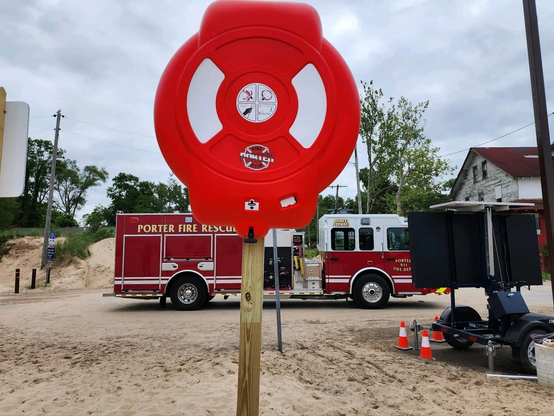 A life ring installed at Porter Beach in Porter, Indiana. Two girls were saved by beachgoers on June 23, 2024, after nearly drowning at the beach.