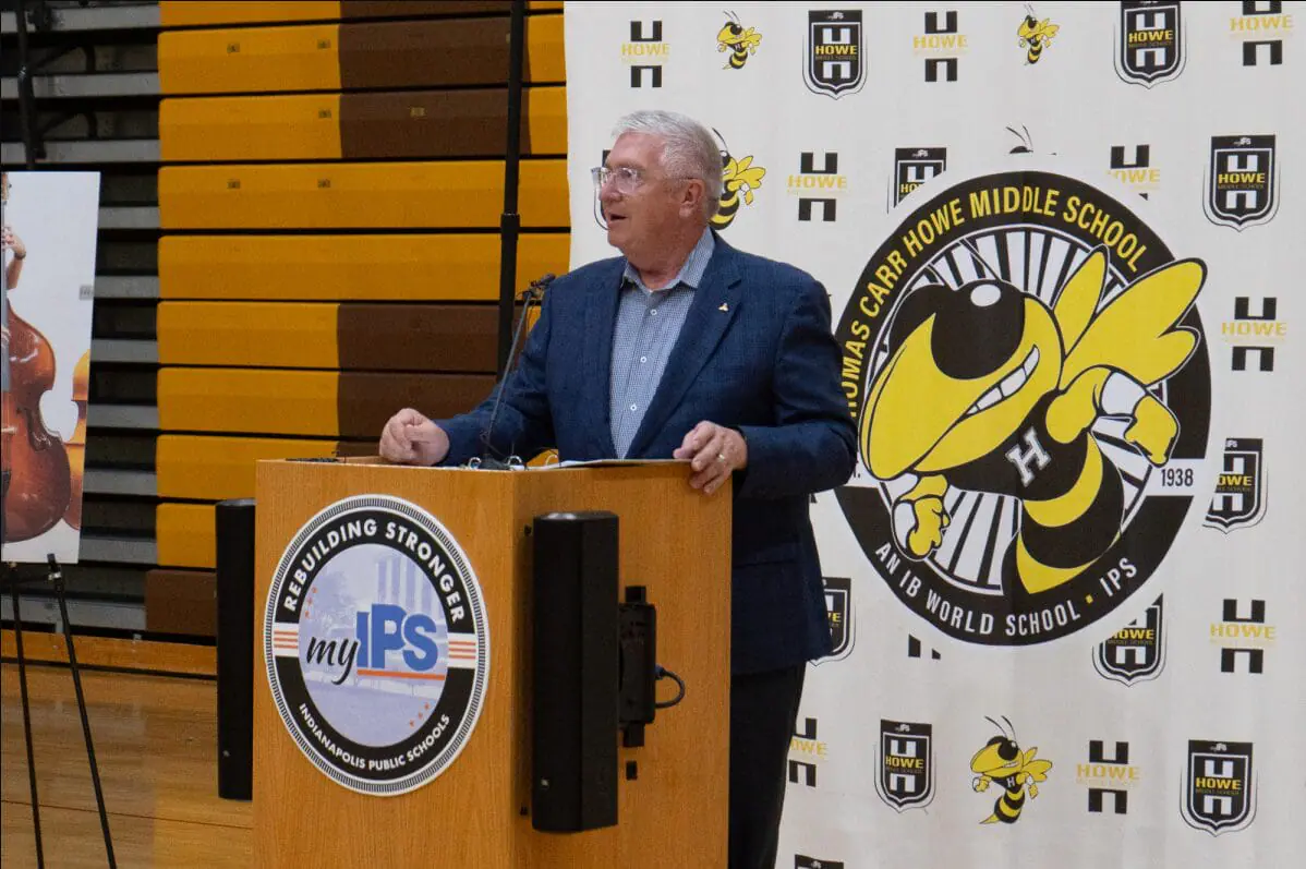 Ascension St. Vincent CEO Kevin Speer speaks Tuesday, June 25, at the Thomas Carr Howe Middle School groundbreaking ceremony in Indianapolis. Part of the former high school will be turned into a health clinic for IPS teachers and their families. (Provided Photo/Alayna Wilkening/Mirror Indy)