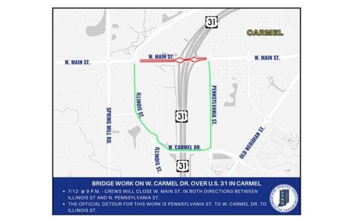 Indiana Department of Transportation contractor Enneking Pressure Cleaning, Inc. plans a weekend closure on a bridge over U.S. 31 in Carmel. (Provided Map/INDOT)