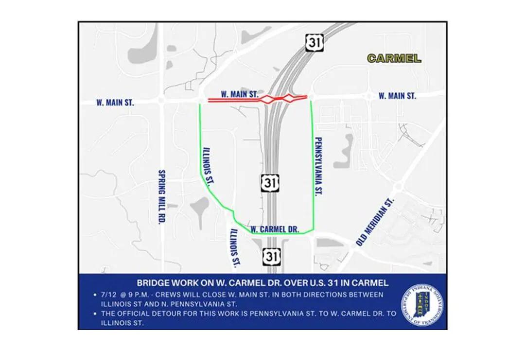 Indiana Department of Transportation contractor Enneking Pressure Cleaning, Inc. plans a weekend closure on a bridge over U.S. 31 in Carmel. (Provided Map/INDOT)