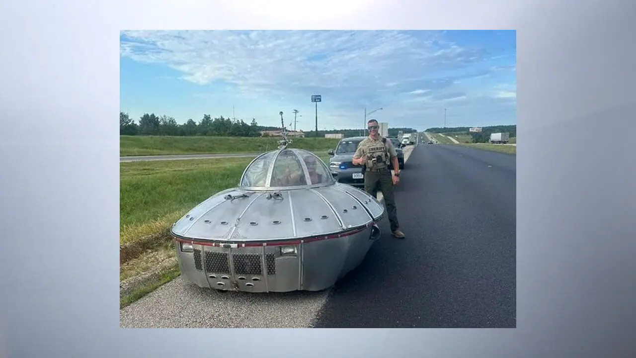 An out-of-this-world moment in Missouri, thanks to an Indiana man and his street-legal flying saucer  The Crawford County Sheriff's Office in Missouri posted about the moment on Facebook on Friday, June 28. (Photo by Crawford County (Missouri) Sheriff's Office via Facebook)